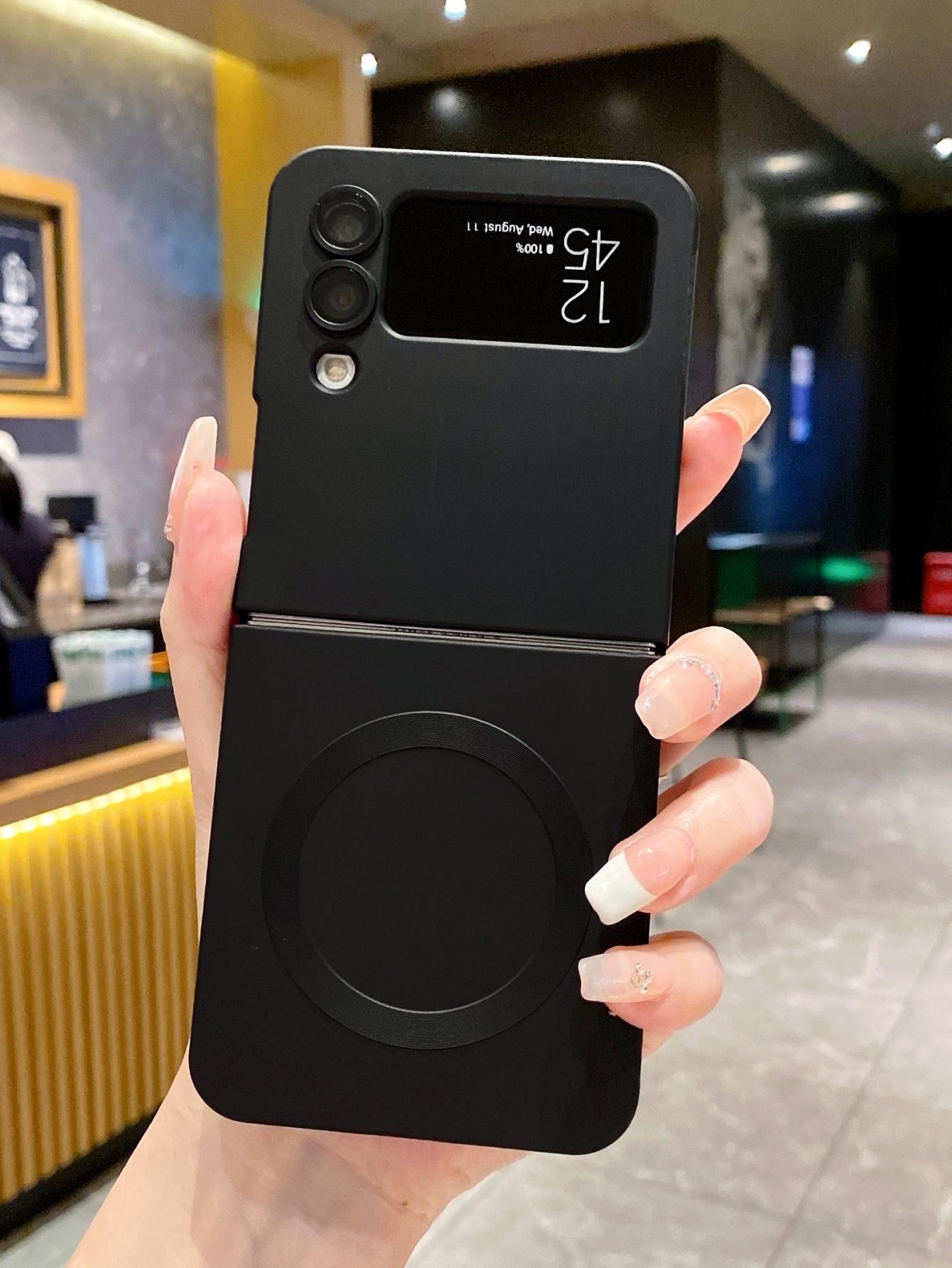 Black Cosmic Magnetic Metal Paint & Silicone Anti-Drop Matte Lens Protected Non-Yellowing Phone Case Compatible With Samsung Galaxy Z Flip 6/Z Flip 5/Z Flip 4/Z Flip 3
