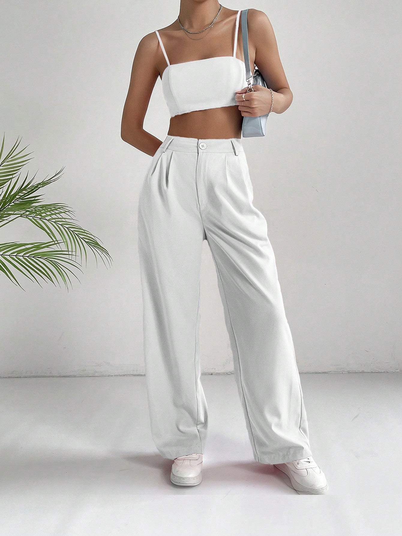 Commuting Style Pink Solid Crop Cami Top & Wide Leg Pants