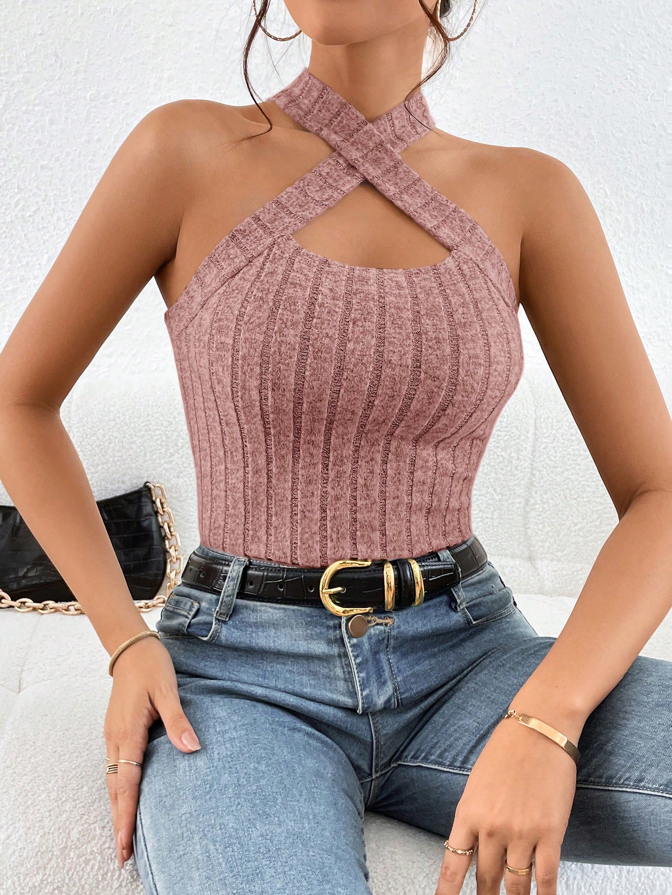 Crisscross Halter Neck Ribbed Knit Top