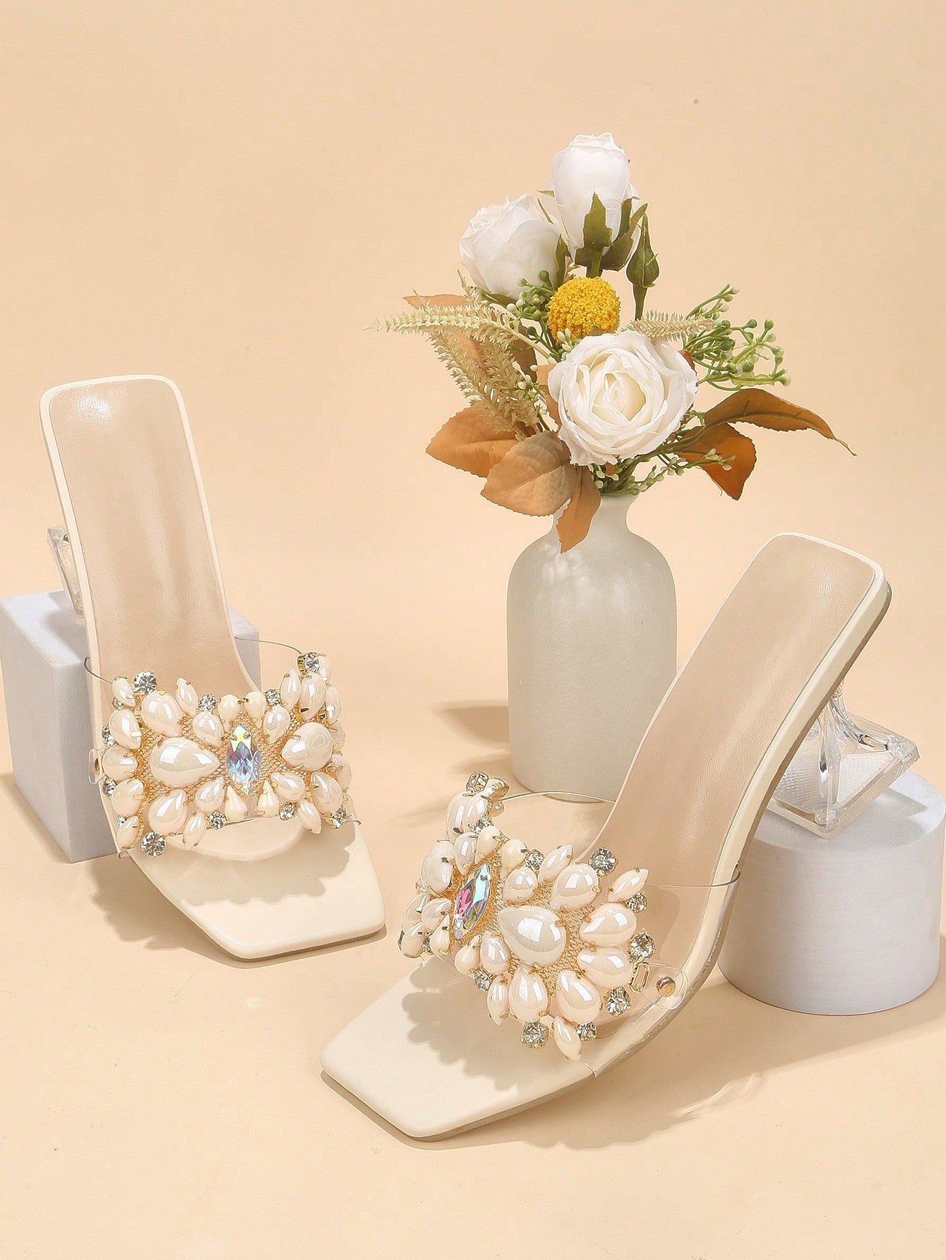 Rhinestone Decor Sculptural Heeled Mule Sandals, Purple Party Diamond & Gems Decoration Solid Color Mule Heels