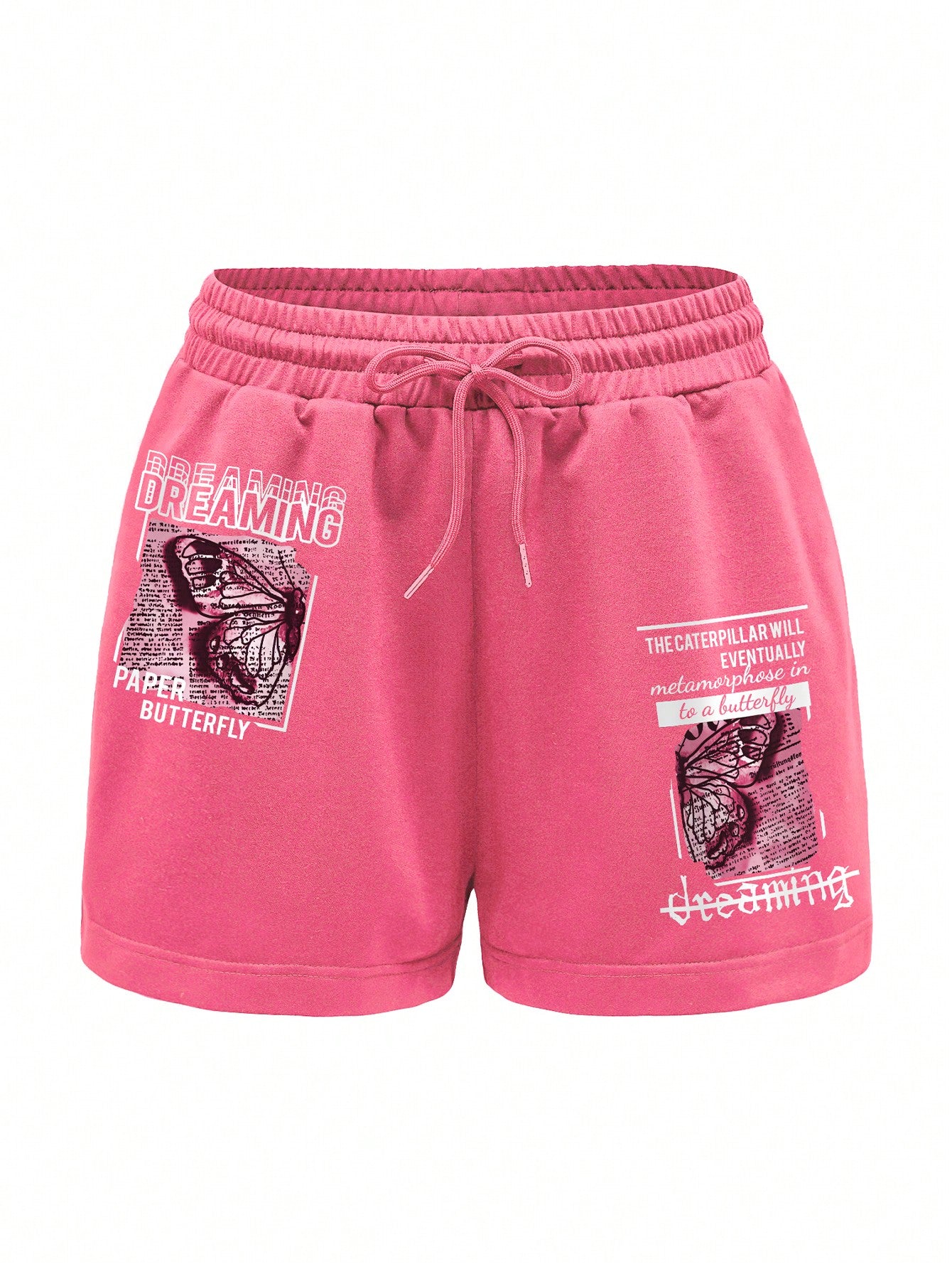 Butterfly & Slogan Graphic Drawstring Waist Track Shorts