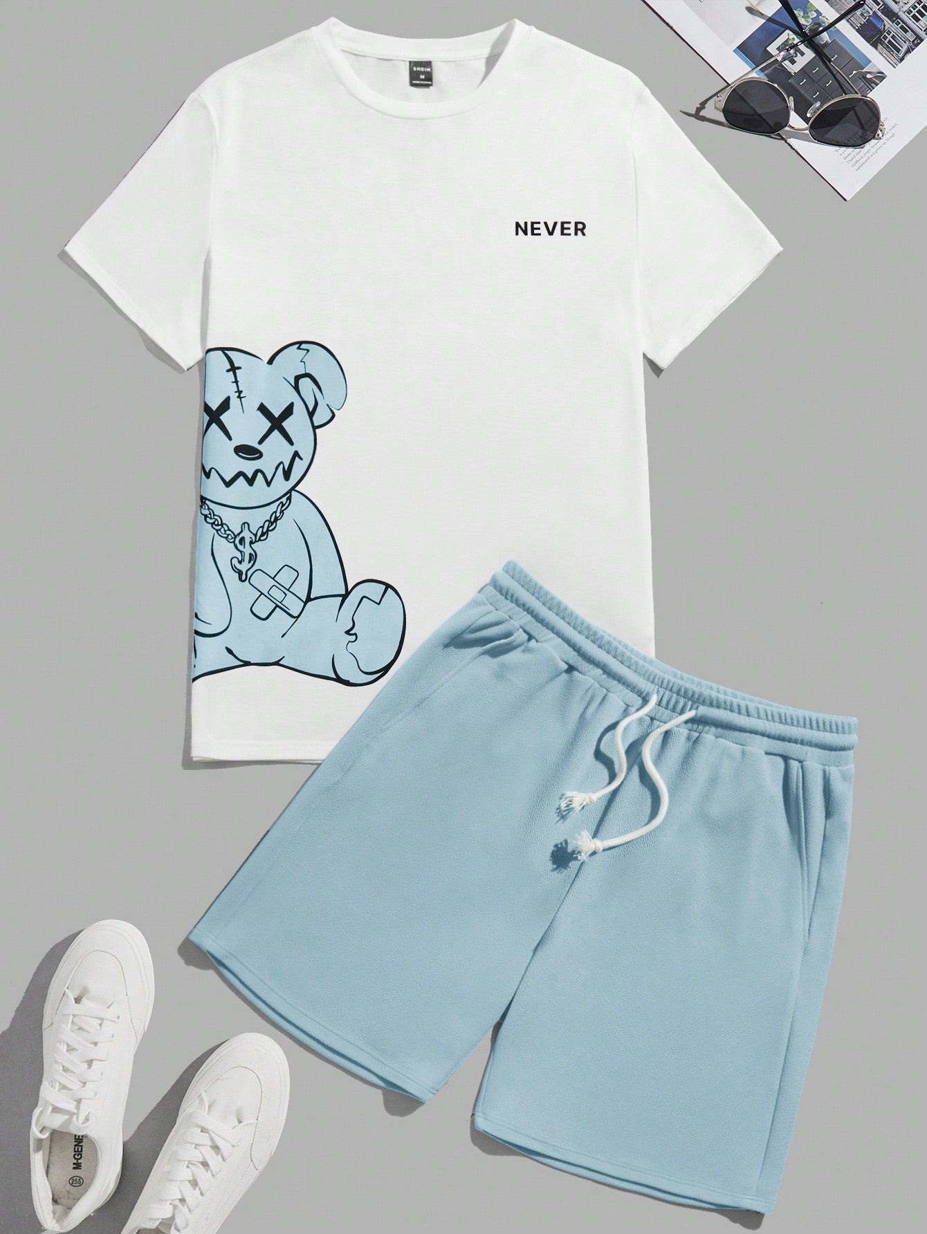 Bear Print T-Shirt And Shorts Knitting Casual Two-Piece Set