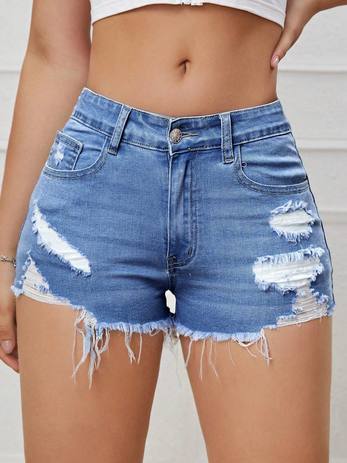 Ripped Raw Hem Denim Shorts