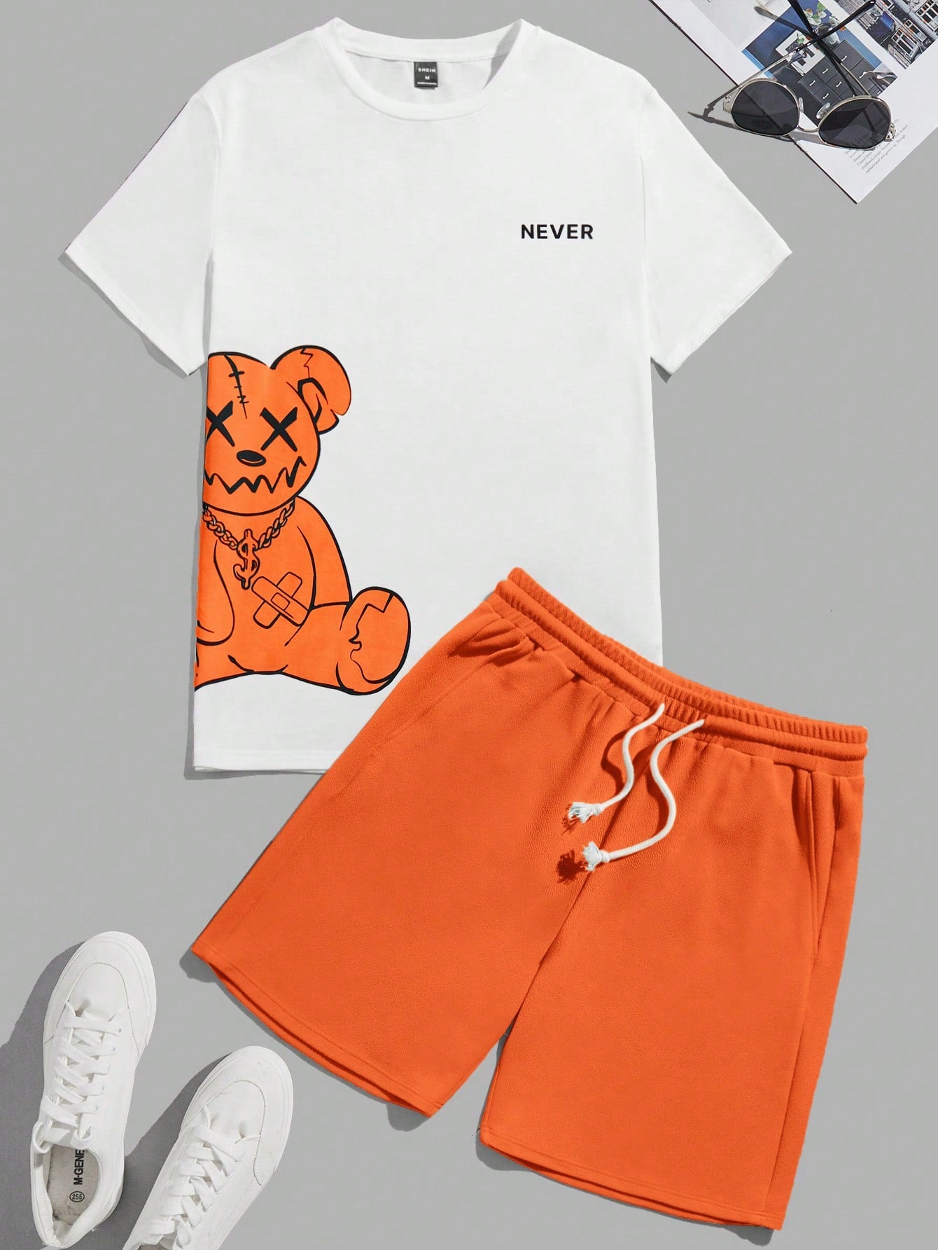 Bear Print T-Shirt And Shorts Knitting Casual Two-Piece Set