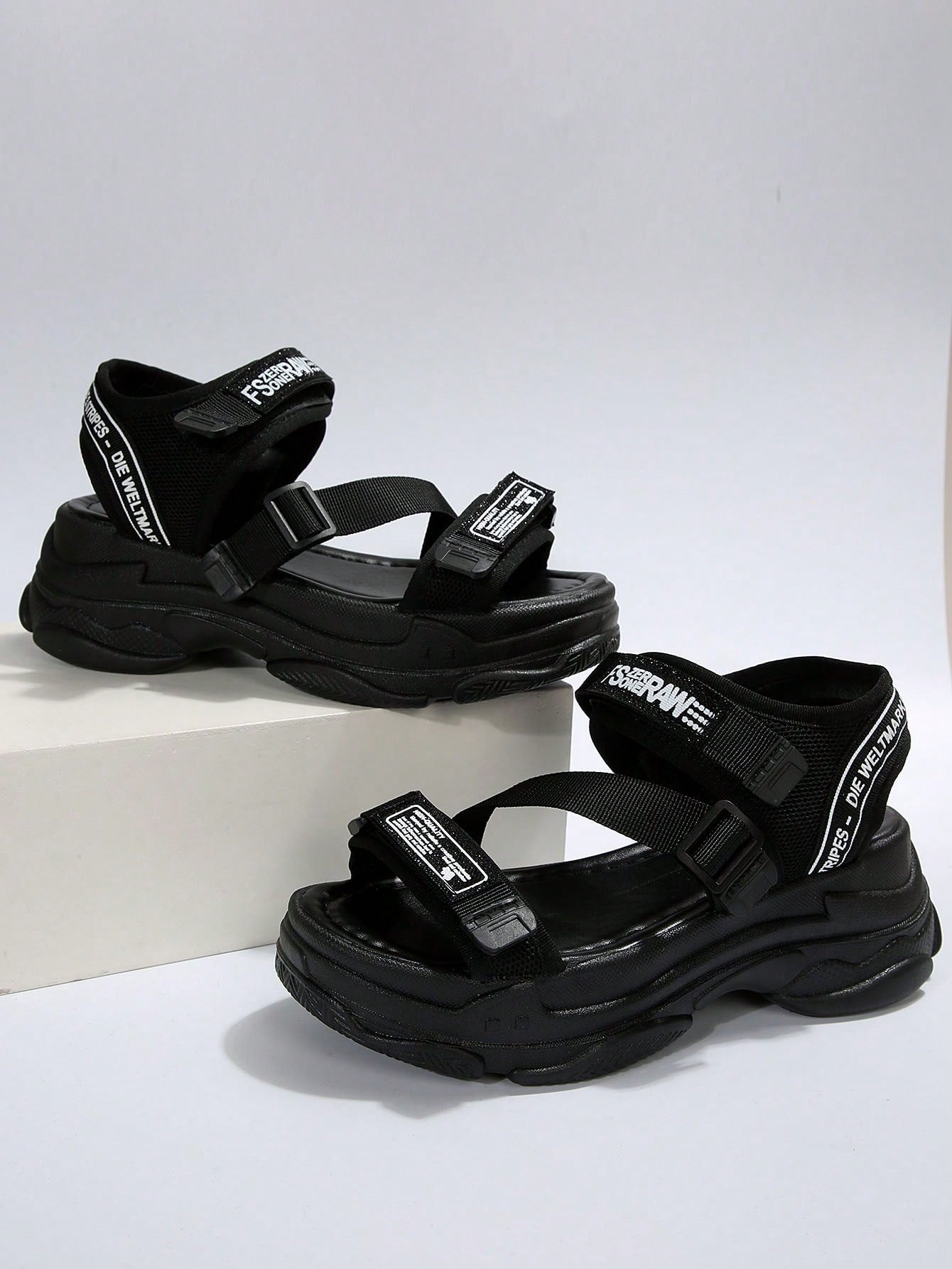 Women Hook-and-loop Fastener Letter Graphic Sports Sandals, Sporty Outdoor Fabric Sports Sandals