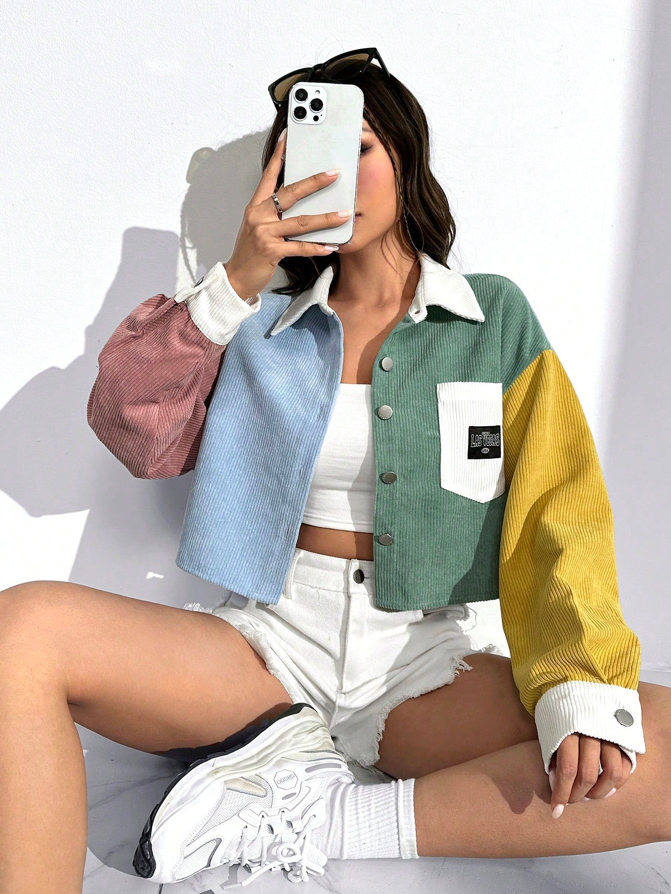Colorblock Patched Detail Drop Shoulder Crop Jacket