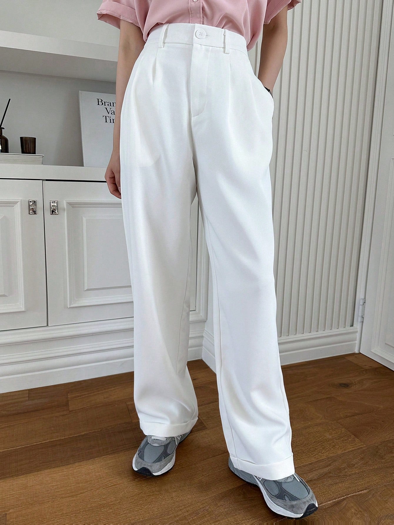 Dazy-Less Solid Fold Pleated Wide Leg Suit Pants Without Belt
