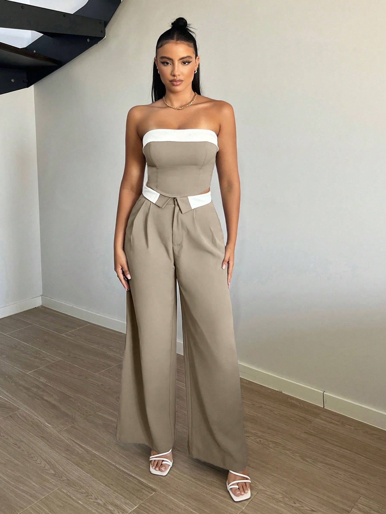 Contrast Trim Wide Leg Suit Pants