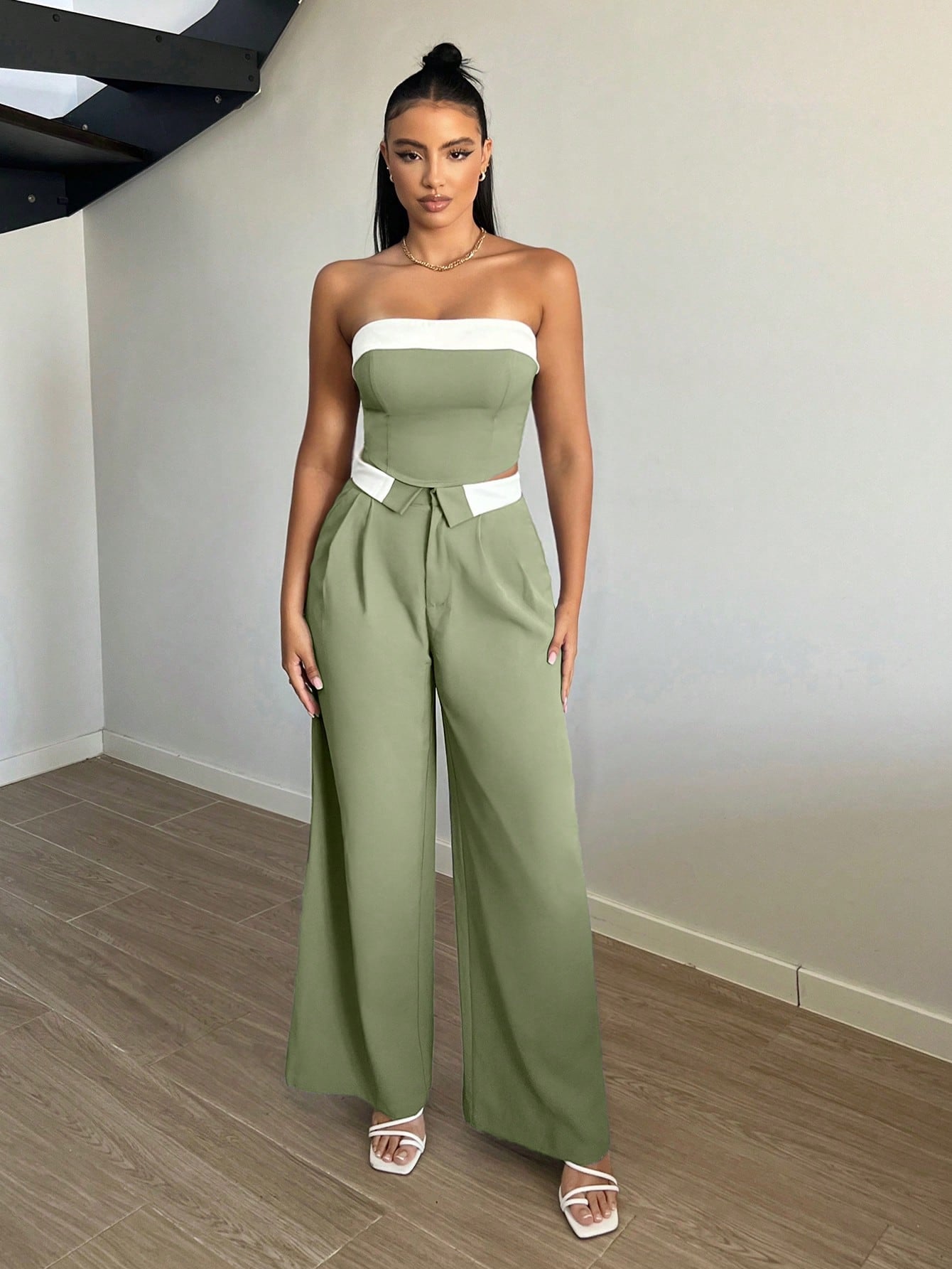 Contrast Trim Wide Leg Suit Pants