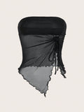 Lettuce Trim Drawstring Side Asymmetrical Hem Mesh Tube Asymmetrical Top