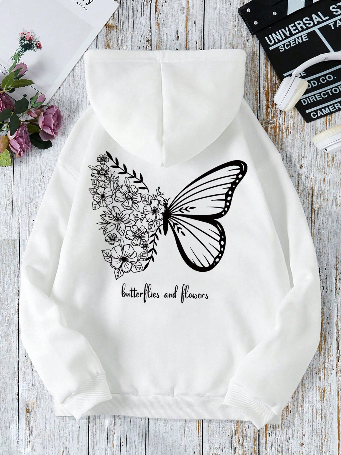 Butterfly & Slogan Graphic Drawstring Thermal Lined Hoodie