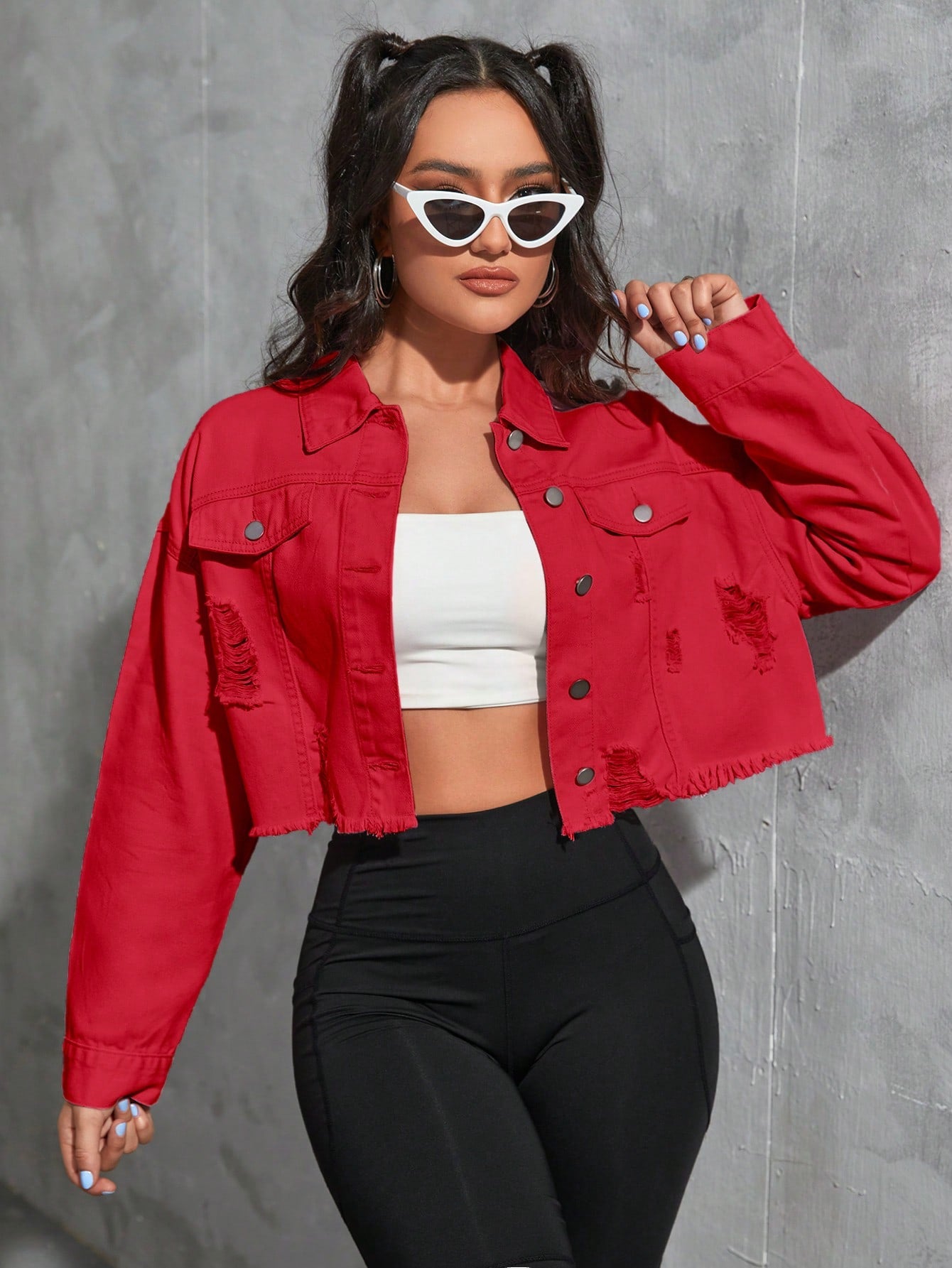 Qutie Raw Hem Ripped Crop Denim Jacket