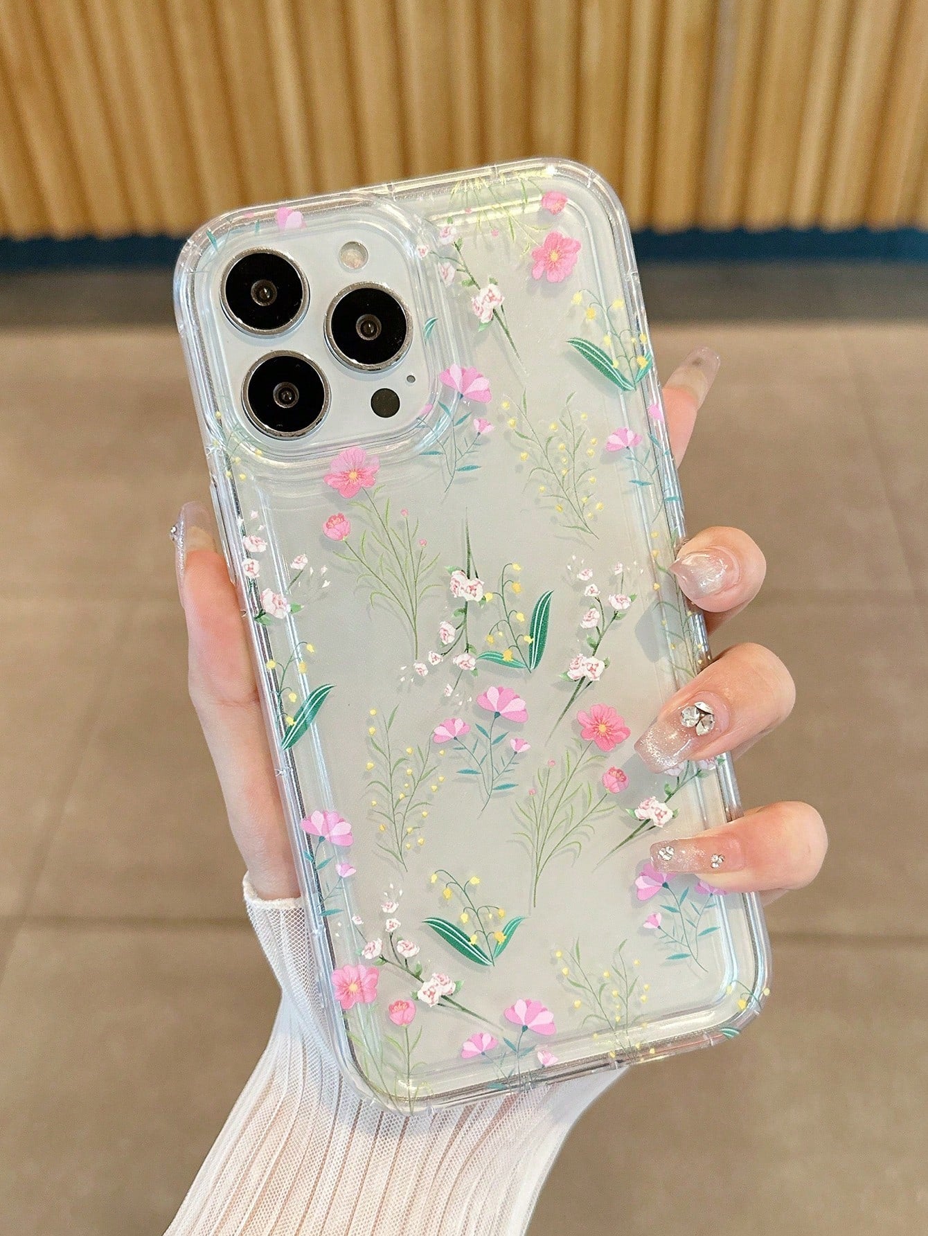 Flower Print Clear Phone Case With Card Slot