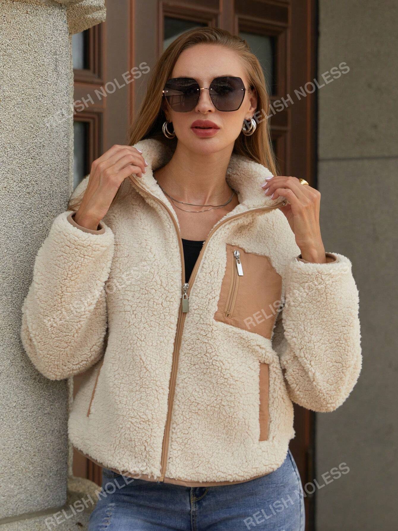 Contrast Panel Drop Shoulder Teddy Jacket