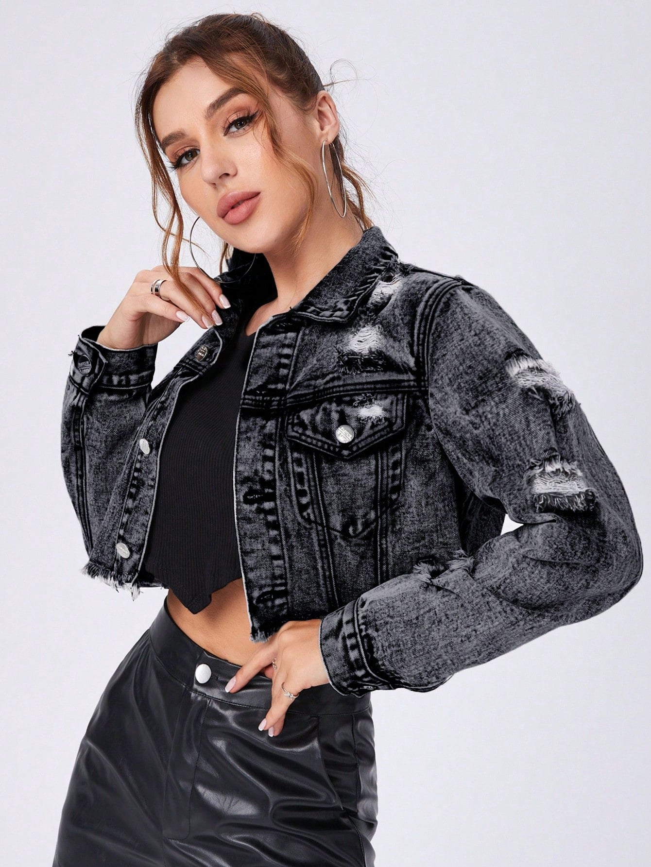 Ripped Raw Trim Button Front Crop Denim Jacket