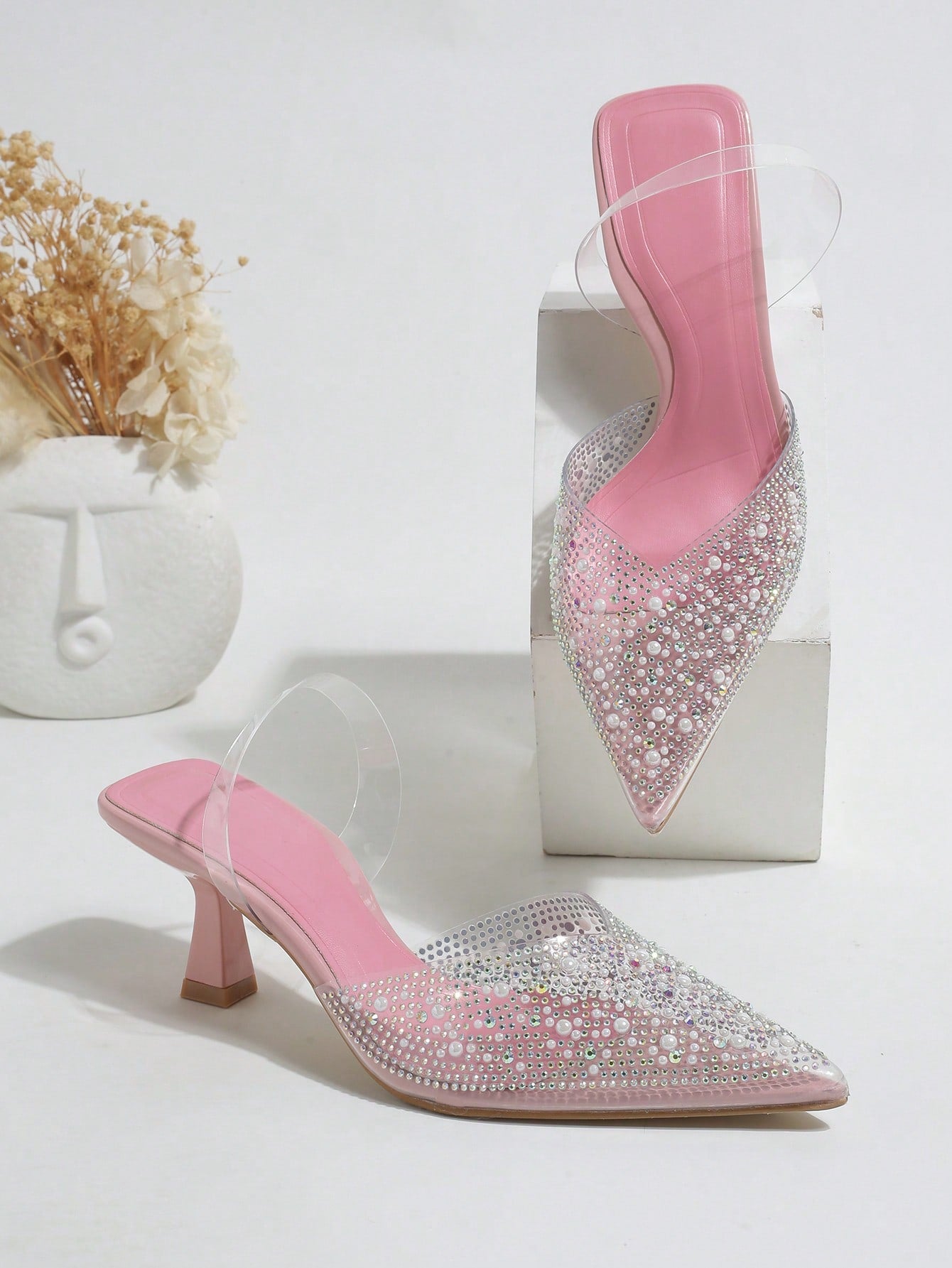 Charming Women's Fashion Silver High Heels, Transparent & Pointed & Rhinestone Decor Stiletto Heels
