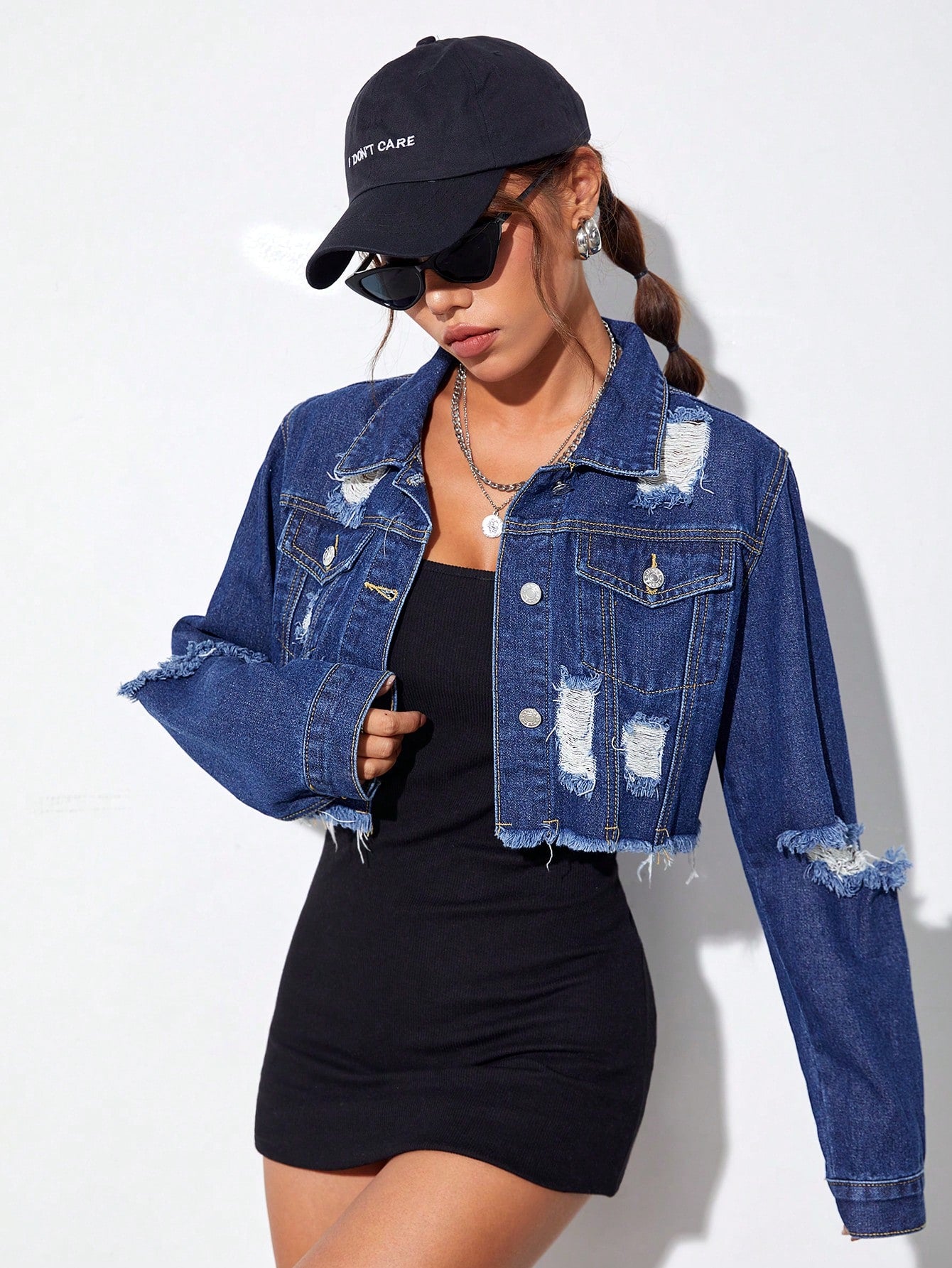 Ripped Raw Hem Crop Denim Jacket
