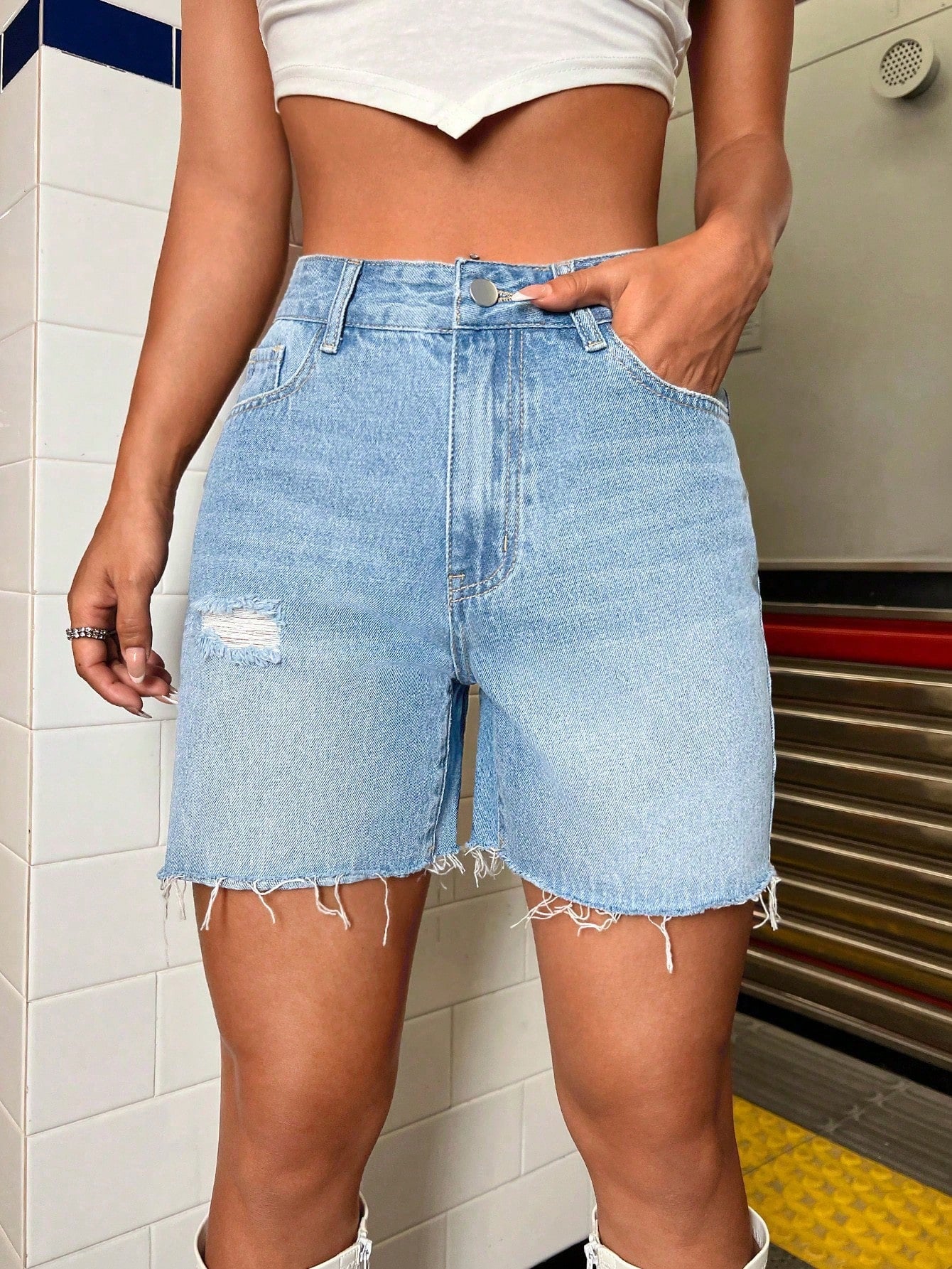 Ripped Raw Hem Denim Shorts