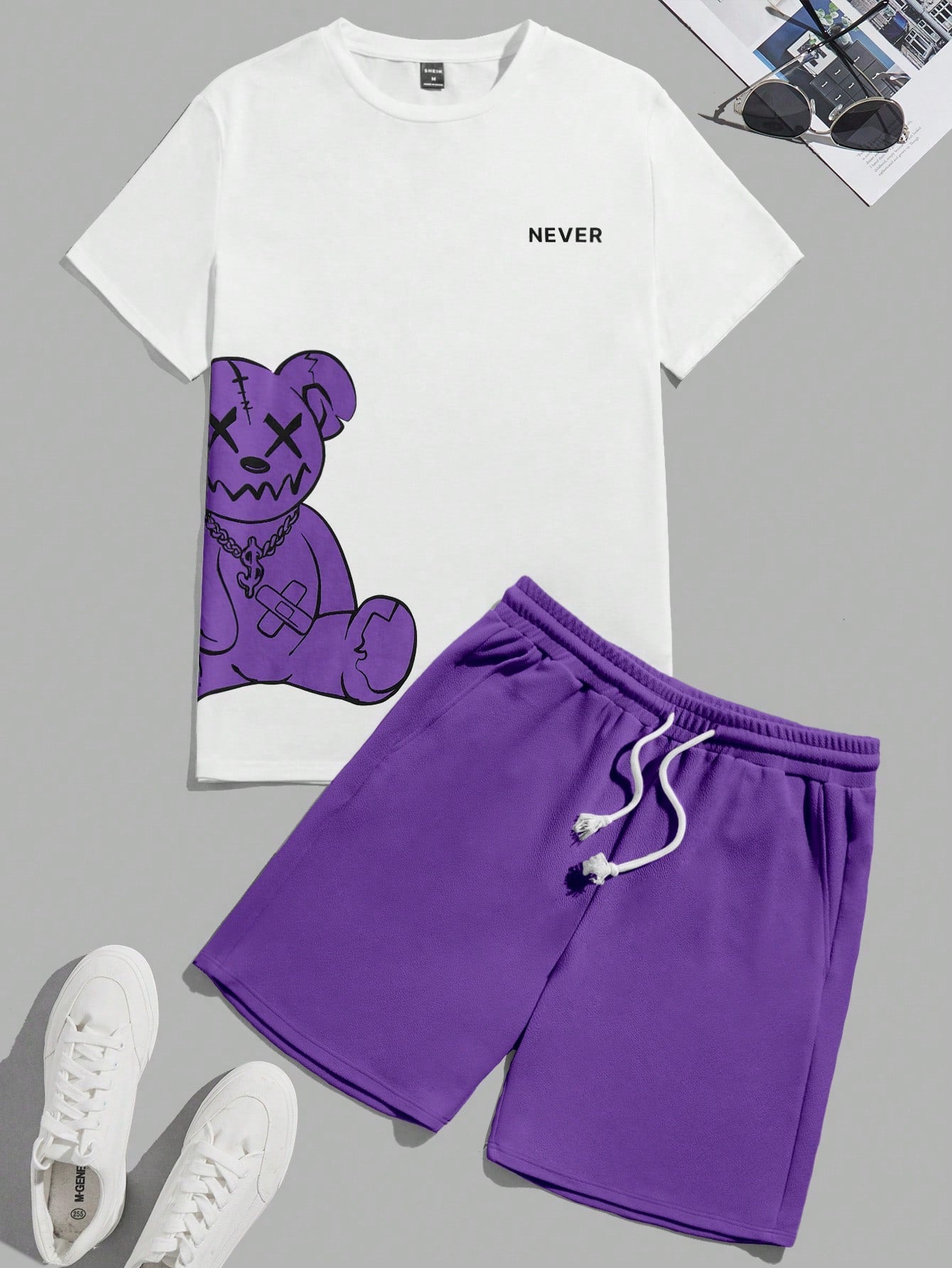 Bear Print T-Shirt And Shorts Knitting Casual Two-Piece Set