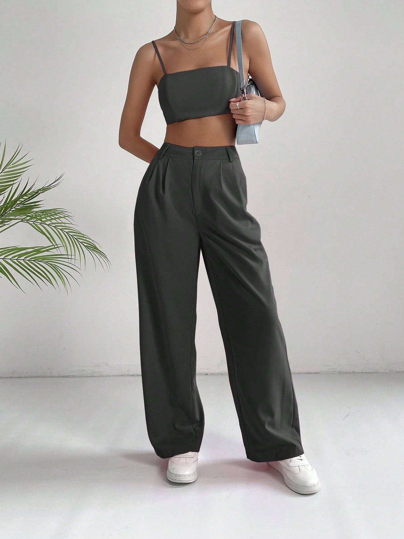 Commuting Style Pink Solid Crop Cami Top & Wide Leg Pants