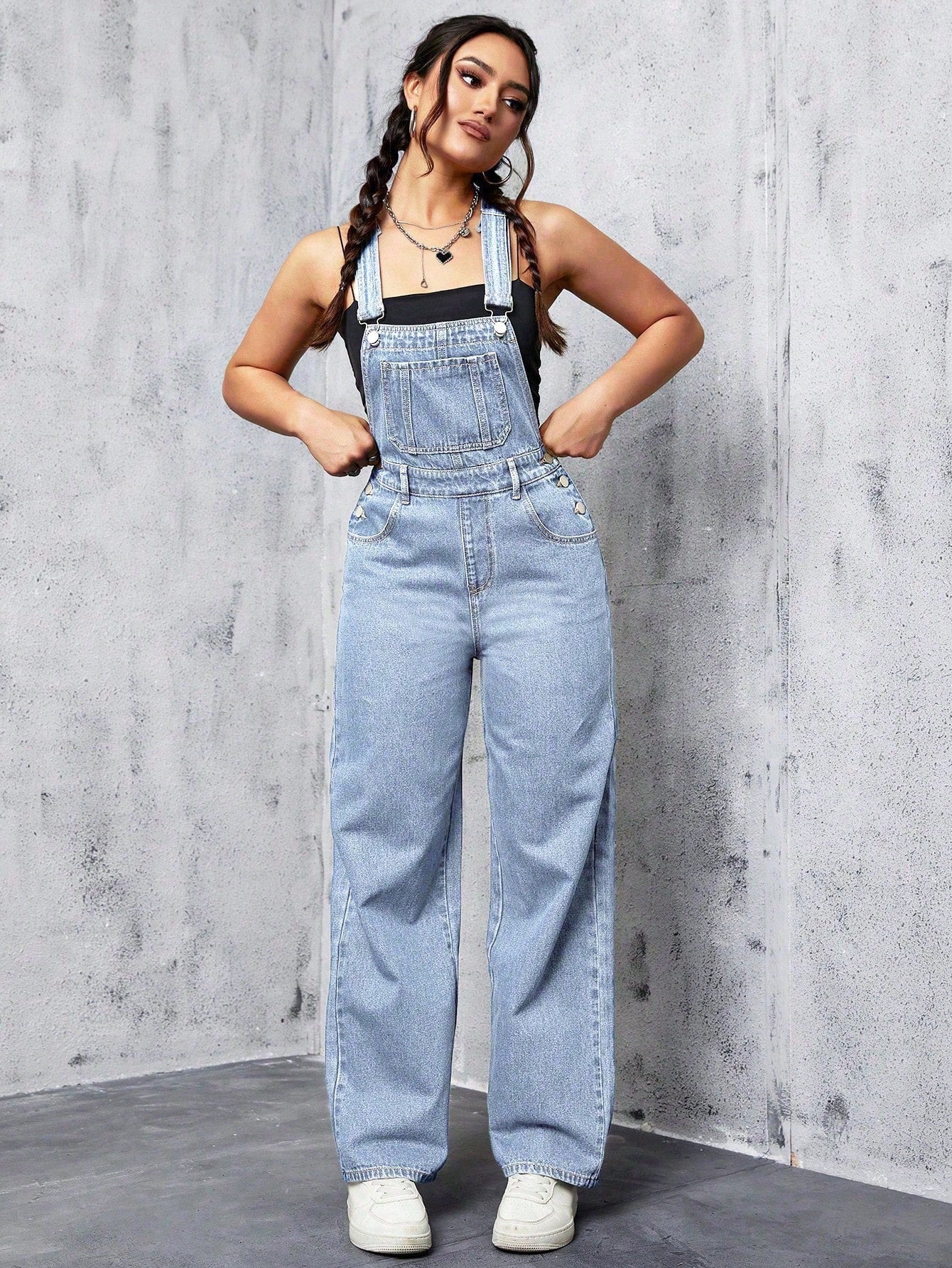 Casual Solid Color Patchwork Pocket Denim Overalls