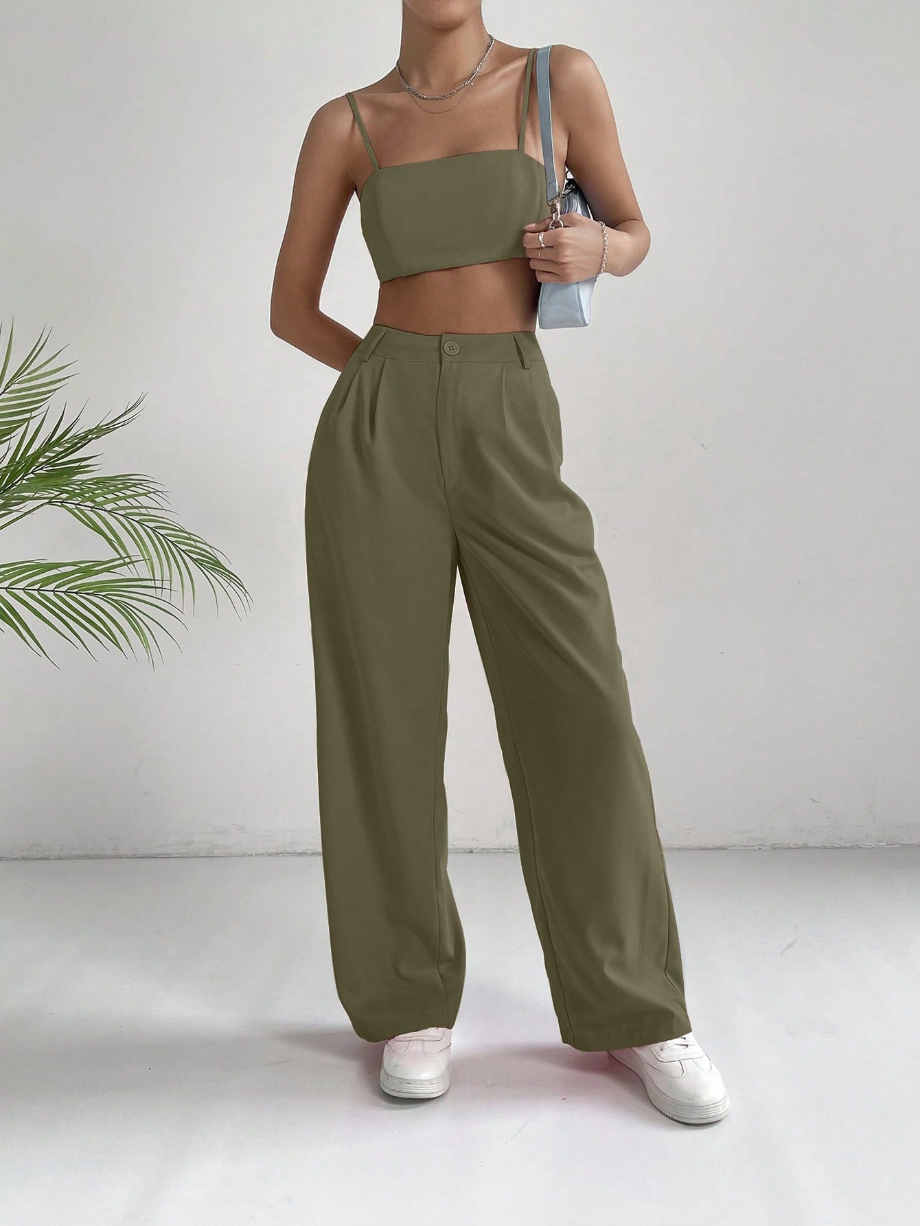 Commuting Style Pink Solid Crop Cami Top & Wide Leg Pants