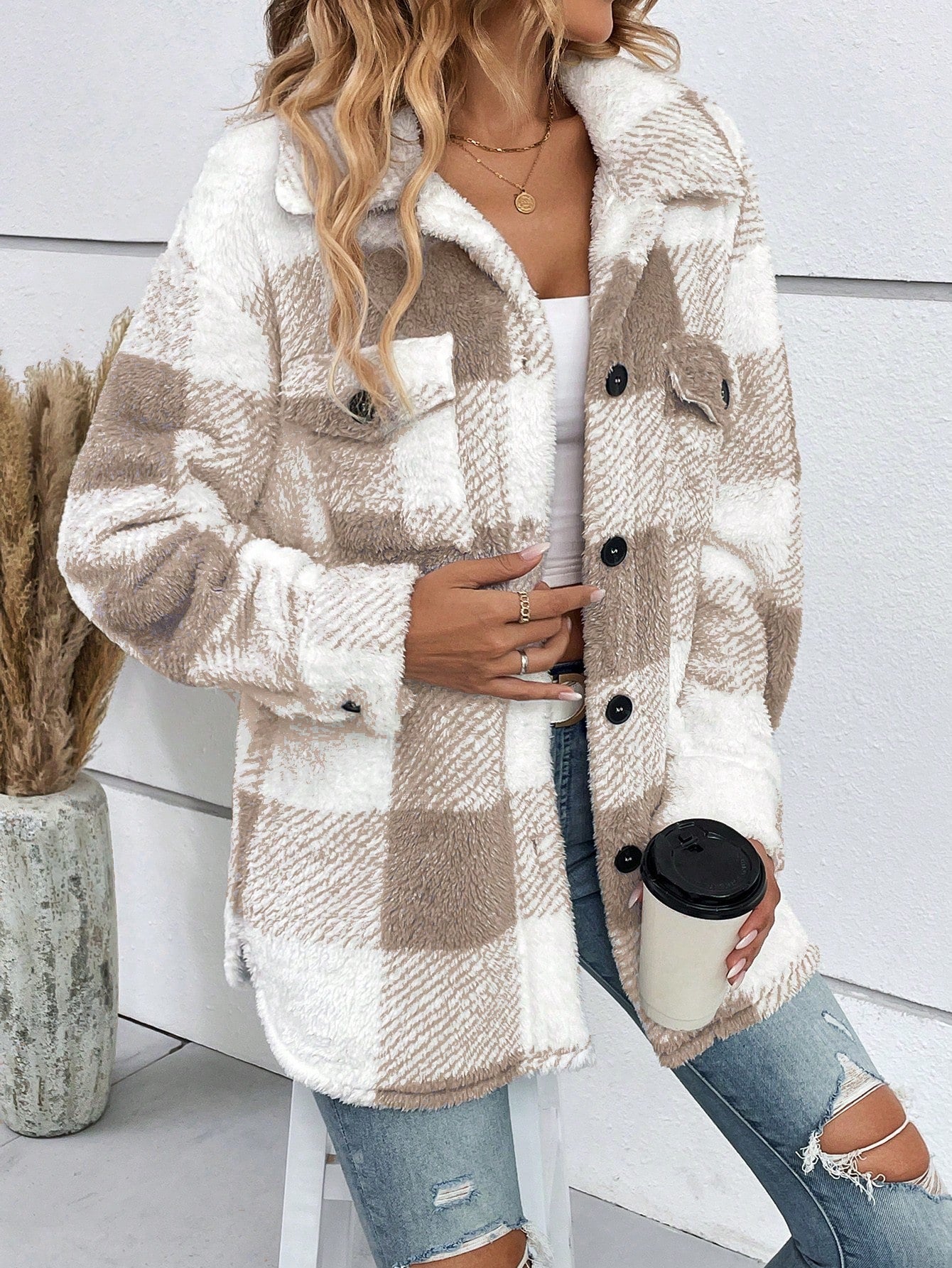 Buffalo Plaid Print Drop Shoulder Flap Pocket Fuzzy Coat