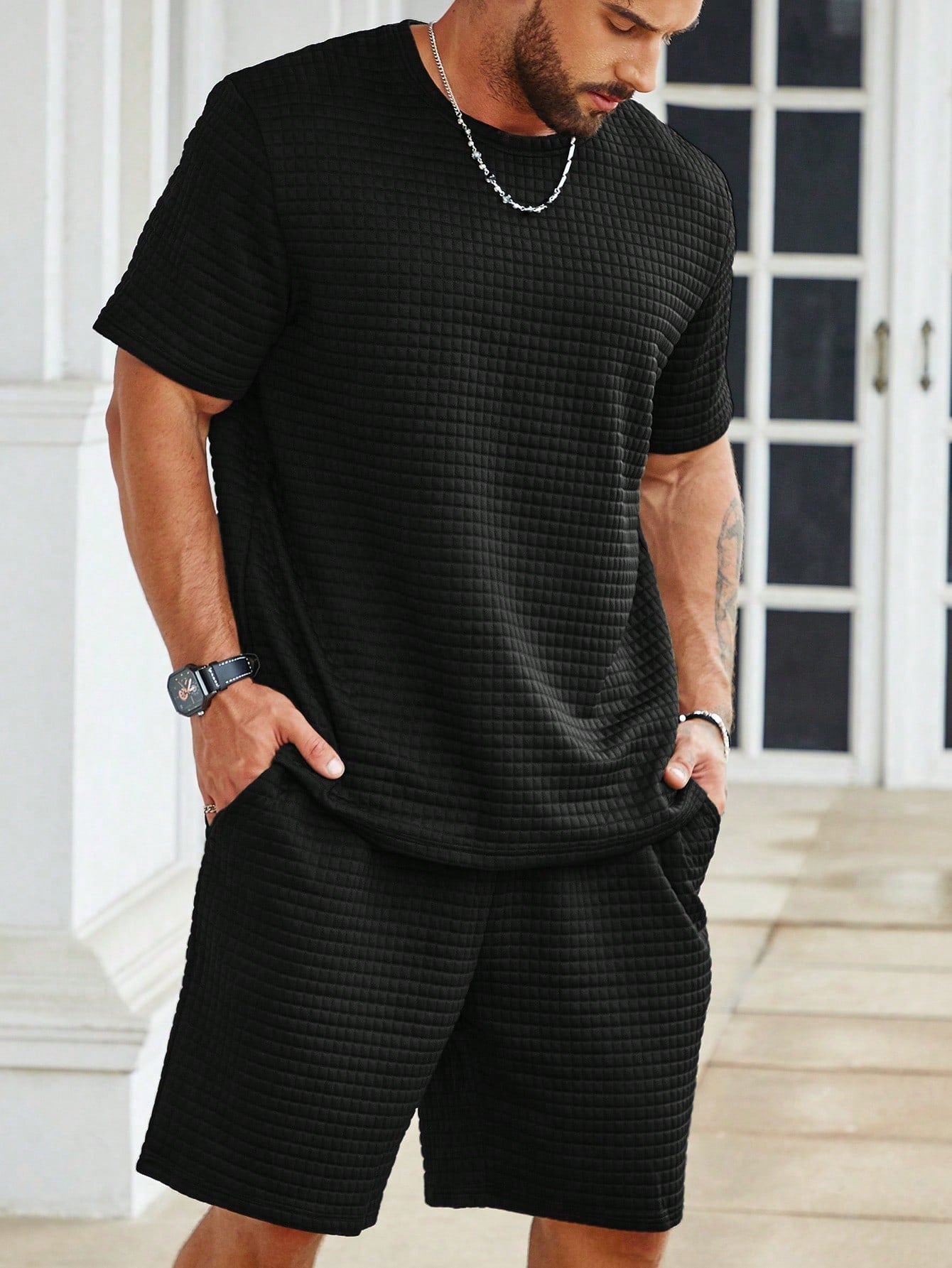 Men's Plus Size Summer Solid Color Round Neck Short Sleeve Casual T-Shirt And Shorts Set