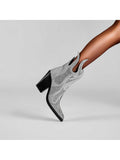 Women's Rhinestone Cowboy Boots Sparkly Knee High Boots Fashion Pointed Toe Block Heel Mid Calf Cowgirl Short Ankle Booties