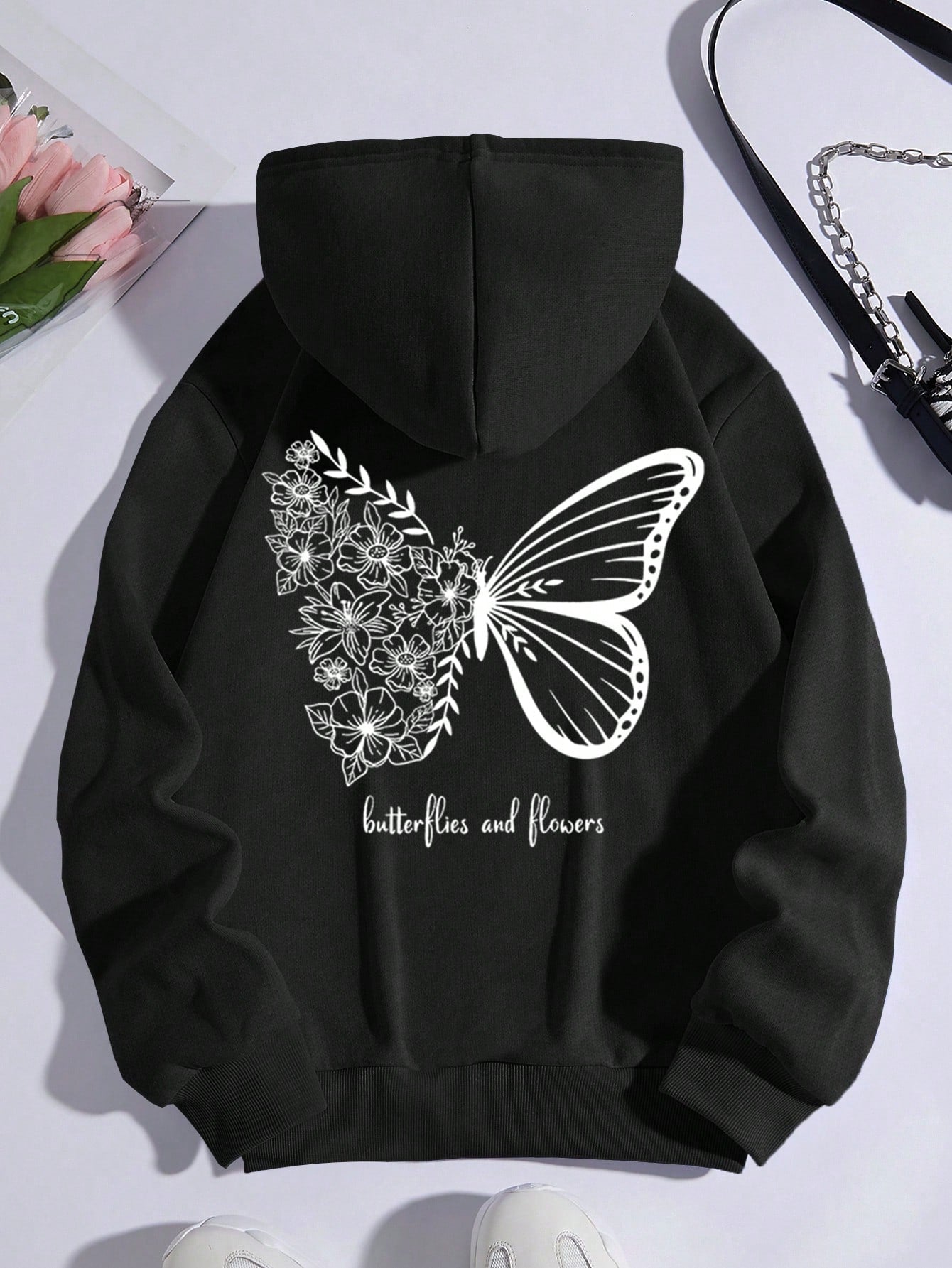 Butterfly & Slogan Graphic Drawstring Thermal Lined Hoodie