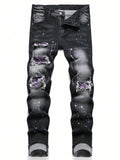 Men Cotton Splash Ink Ripped Slim Jeans