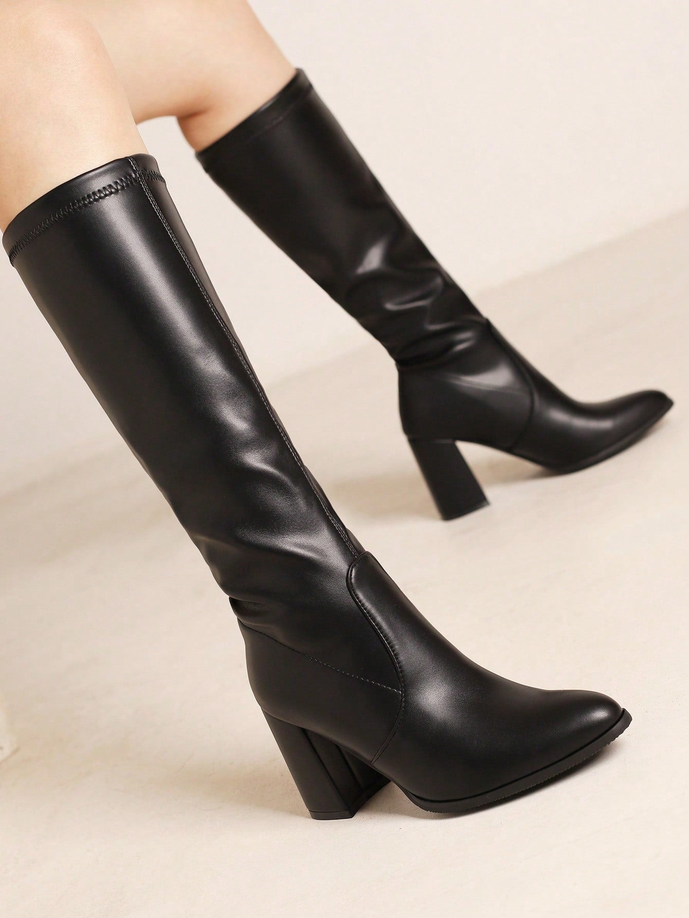 Coffee Color Pu High Heel Women's Fashion Boots, Tight-fitting And Elastic, For Autumn/winter