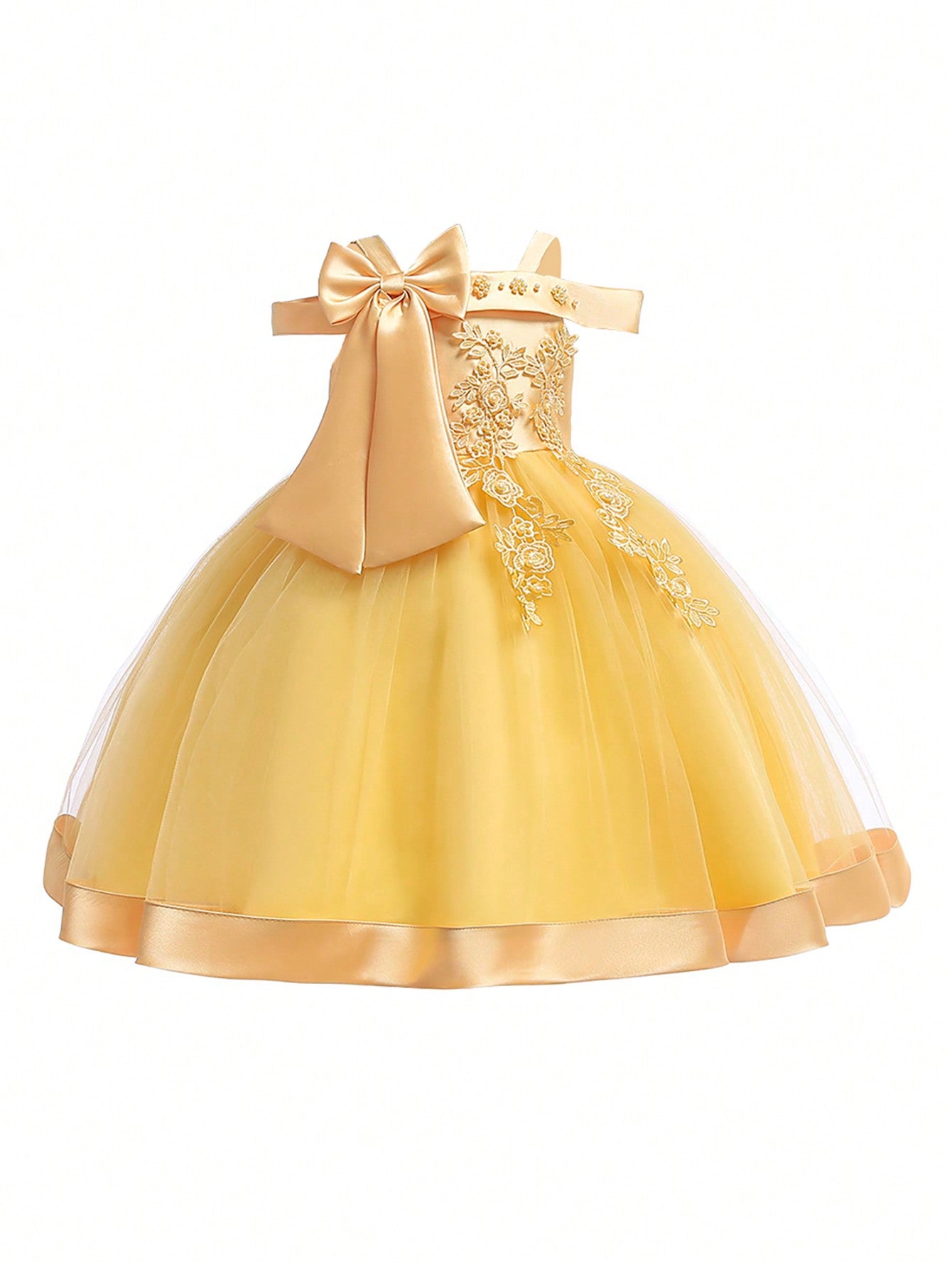 Young Girls' Solid Color Tulle Satin Strap Dress With Bowknot Decoration, Elegant And Gorgeous Dress Suitable For Birthday Party