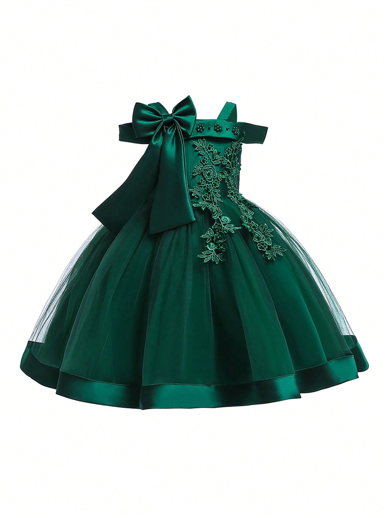 Young Girl Solid Color Tulle Splicing Satin Bowknot Decorated Sleeveless Fluffy Dress, Elegant & Gorgeous Party Dress For Birthday Parties