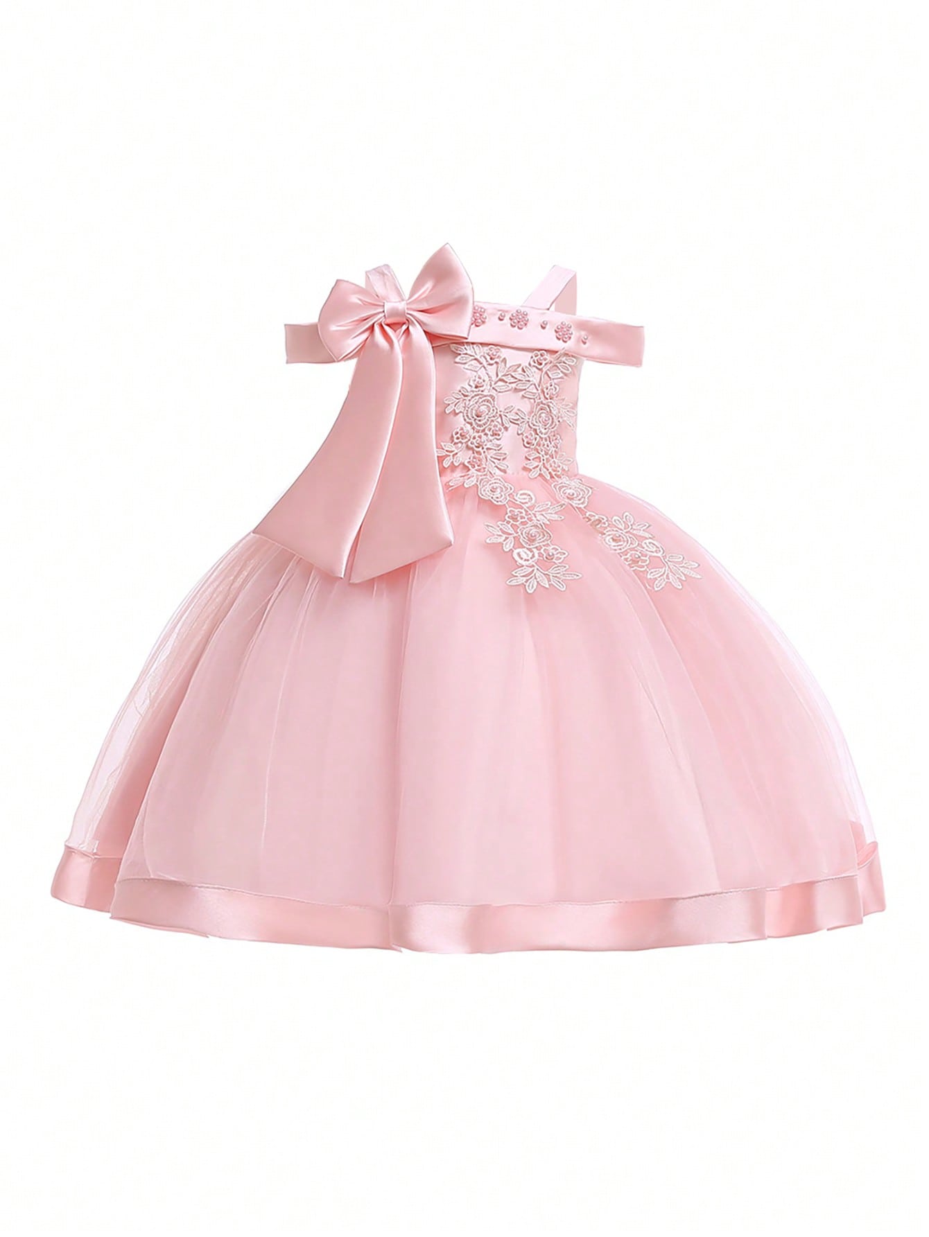Young Girl Solid Color Tulle Spliced Satin Bowknot Decorated Sleeveless Fluffy Dress, Suitable For Birthday Party And Other Formal Occasions