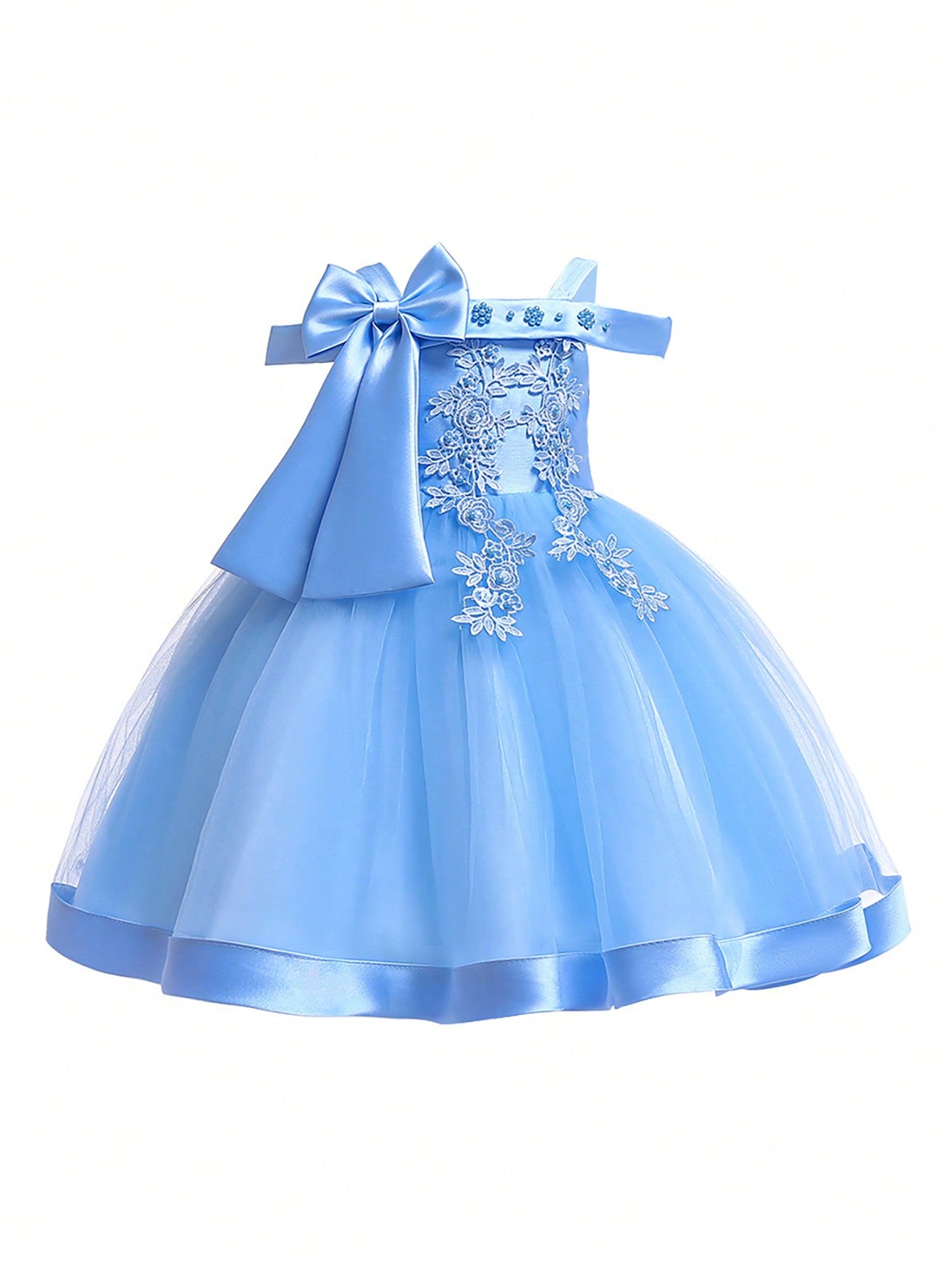 Young Girl Solid Color Tulle Splicing Satin Bowknot Decorated Sleeveless Fluffy Dress, Elegant & Gorgeous Party Dress For Birthday Parties