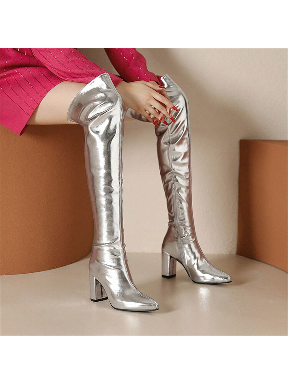 Chunky/high Heel Pointed Toe Over The Knee Boots Pu Leather Knee-high Boots For Women