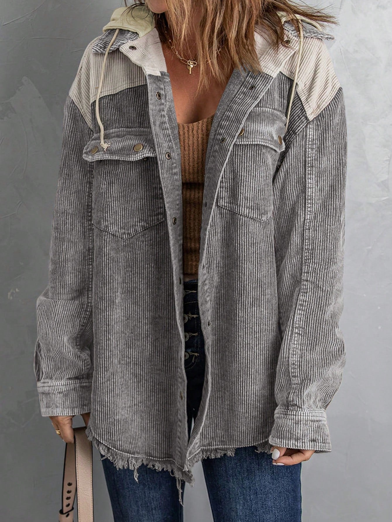 Colorblock Flap Pocket Drop Shoulder Drawstring Hooded Corduroy Coat