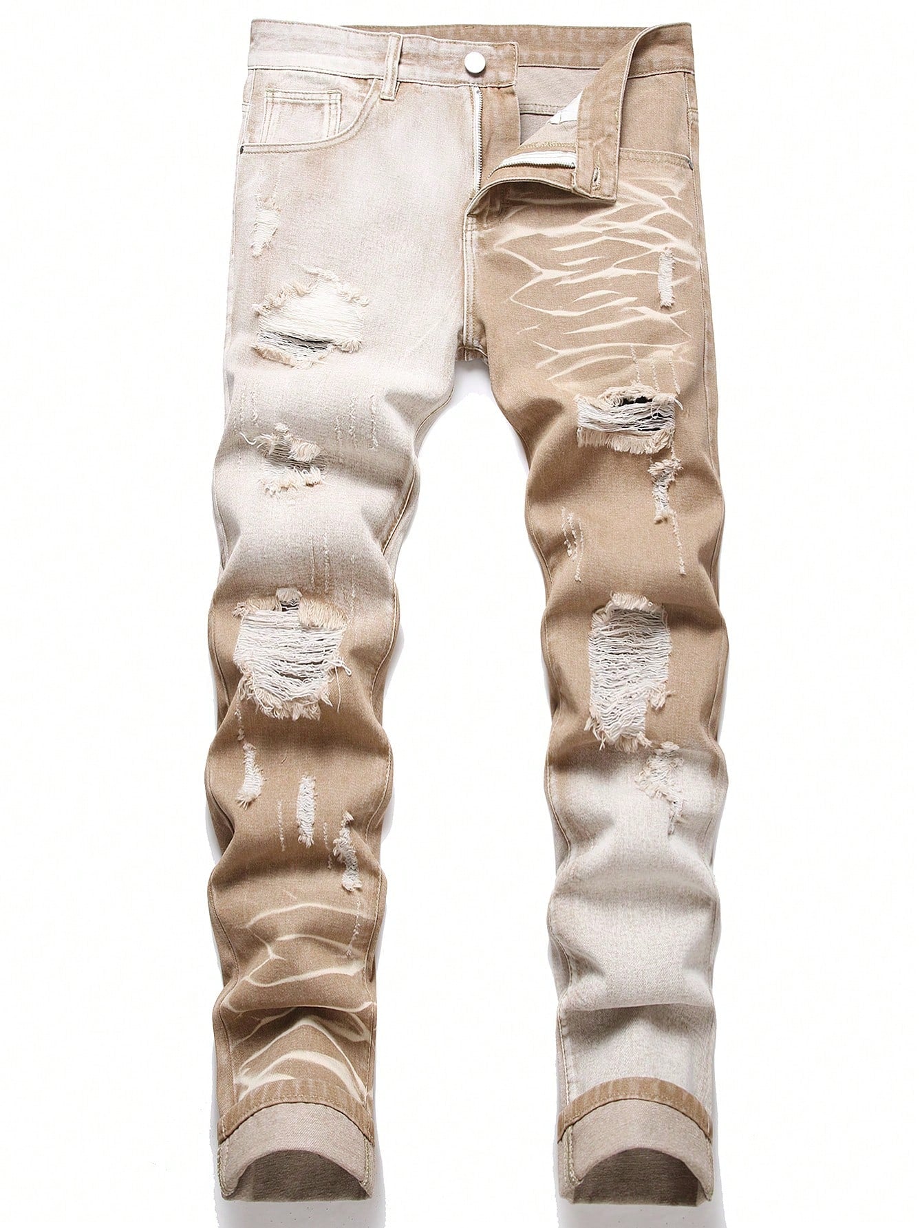 Men Vintage Washed Contrast Color Patchwork Distressed Slim Fit Jeans