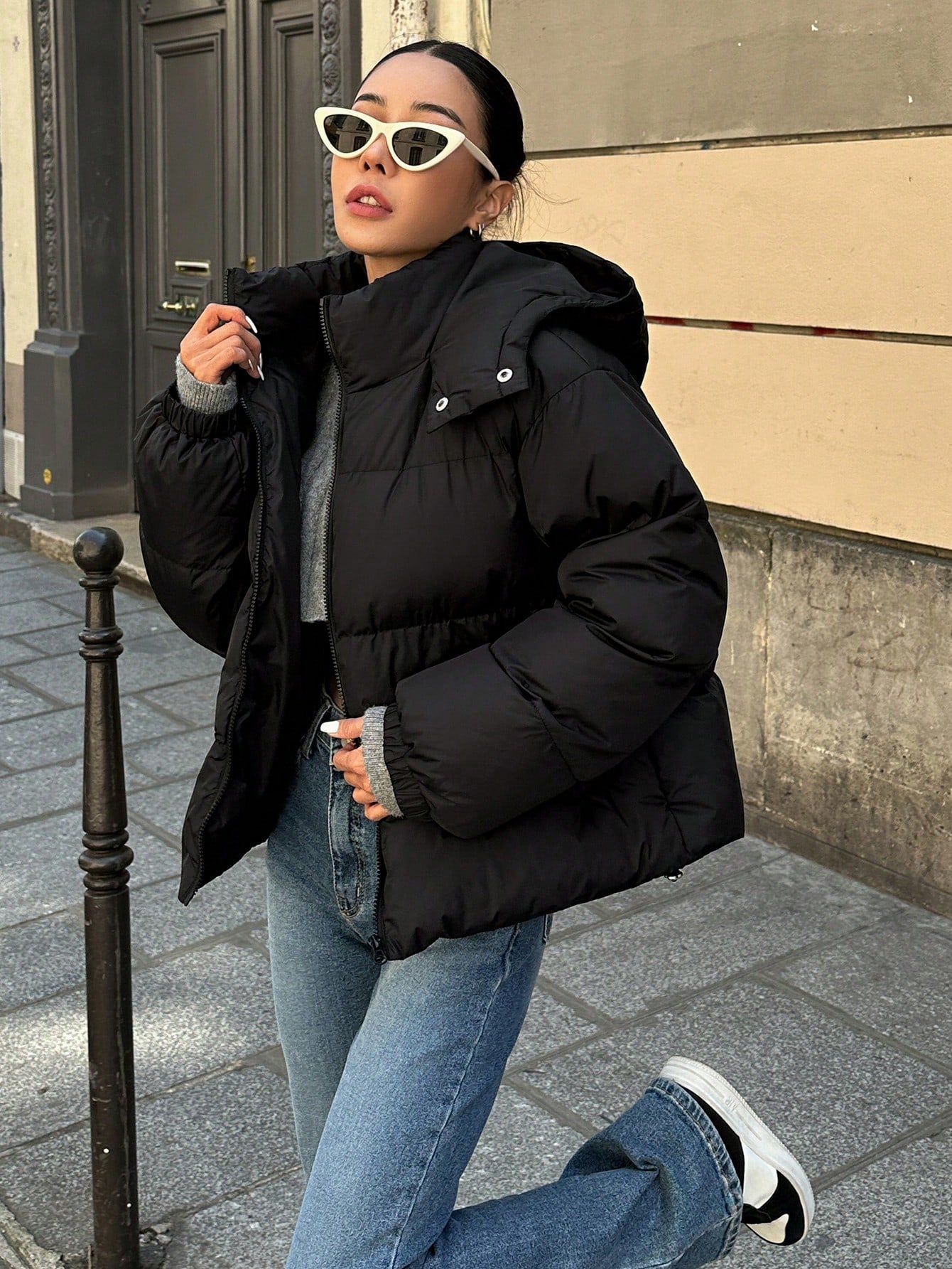Pocket Side Zipper Hooded Padded Coat