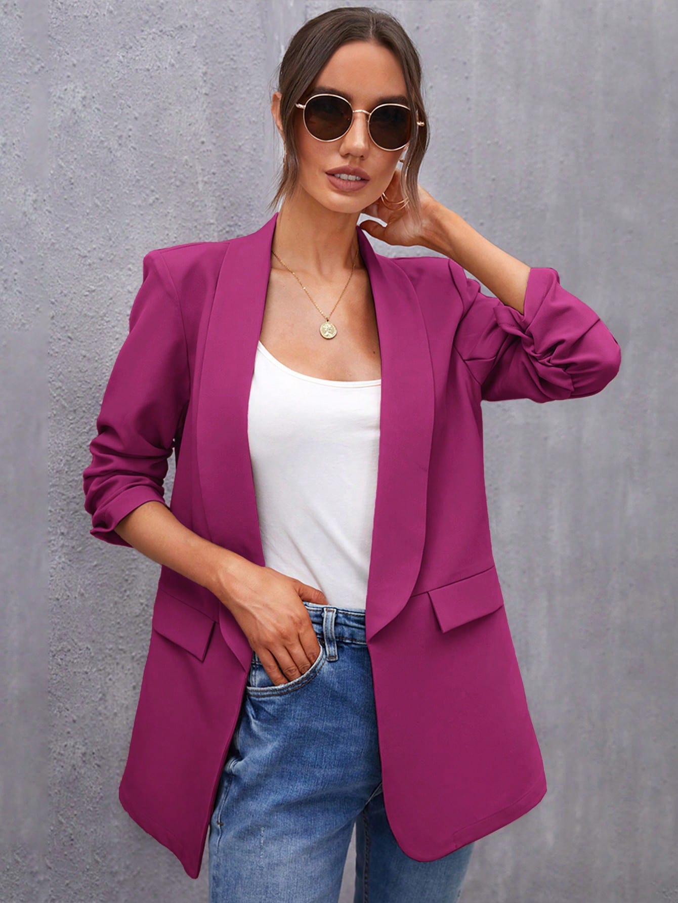 BIZwear Shawl Collar Gathered Sleeve Flap Detail Blazer Workwear