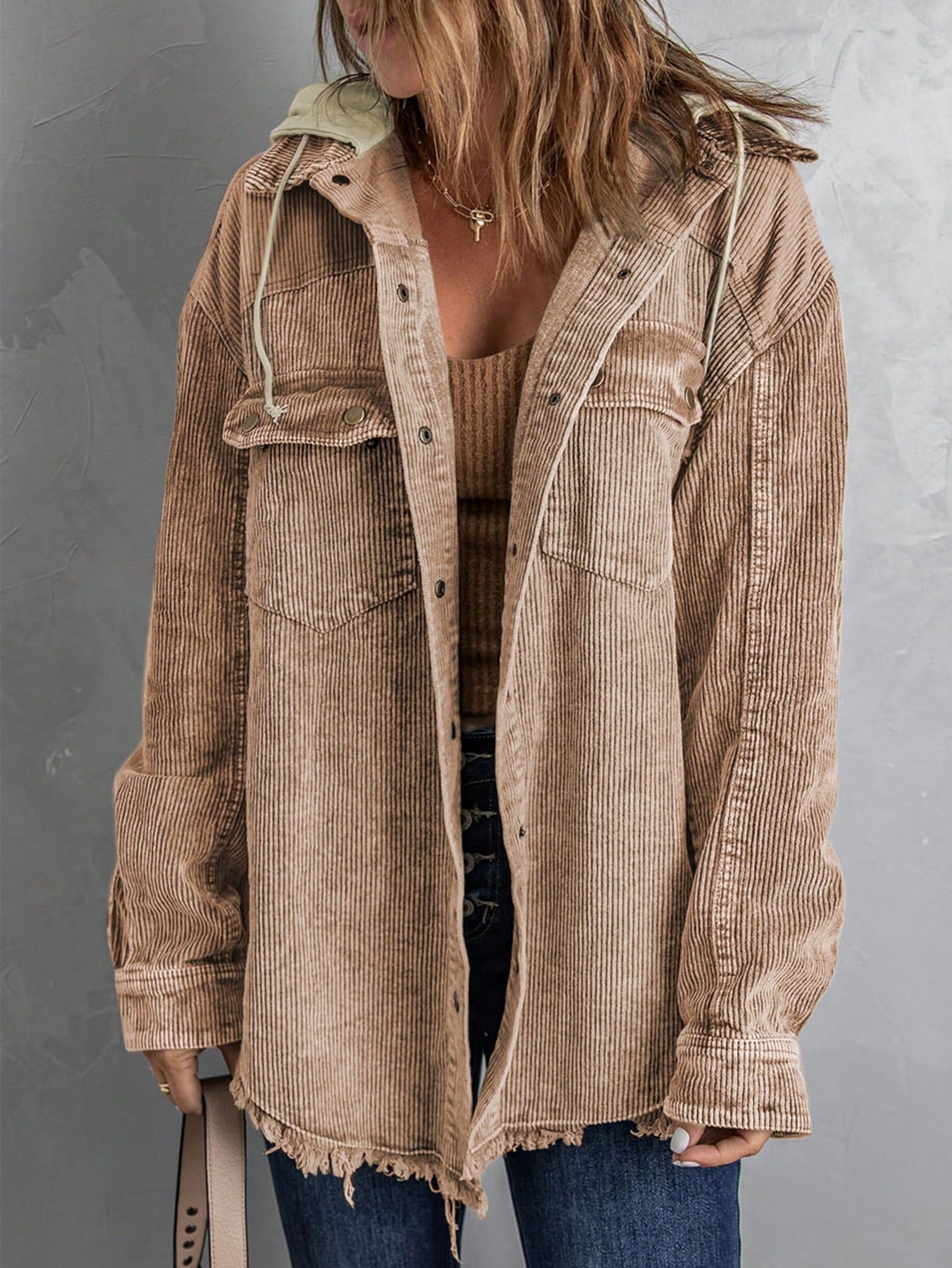 Colorblock Flap Pocket Drop Shoulder Drawstring Hooded Corduroy Coat