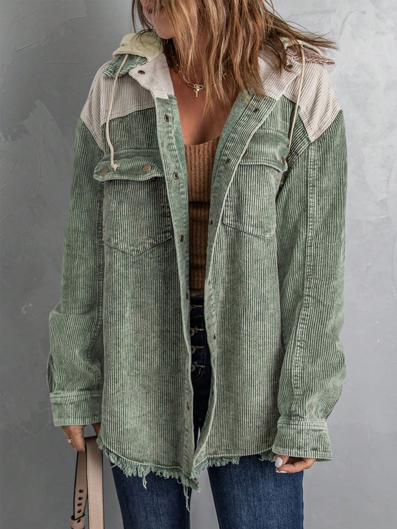 Colorblock Flap Pocket Drop Shoulder Drawstring Hooded Corduroy Coat