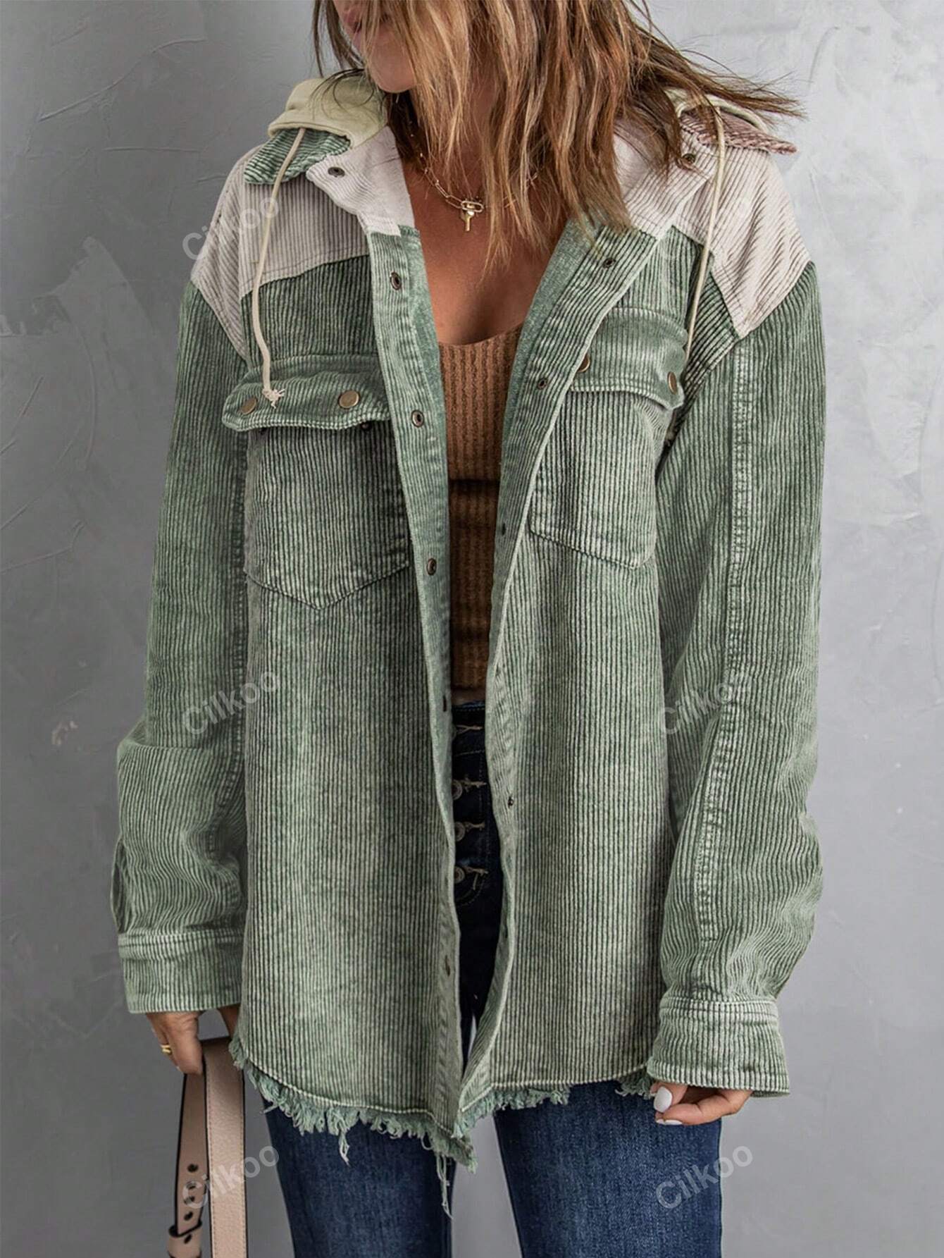 Colorblock Flap Pocket Drop Shoulder Drawstring Hooded Corduroy Coat