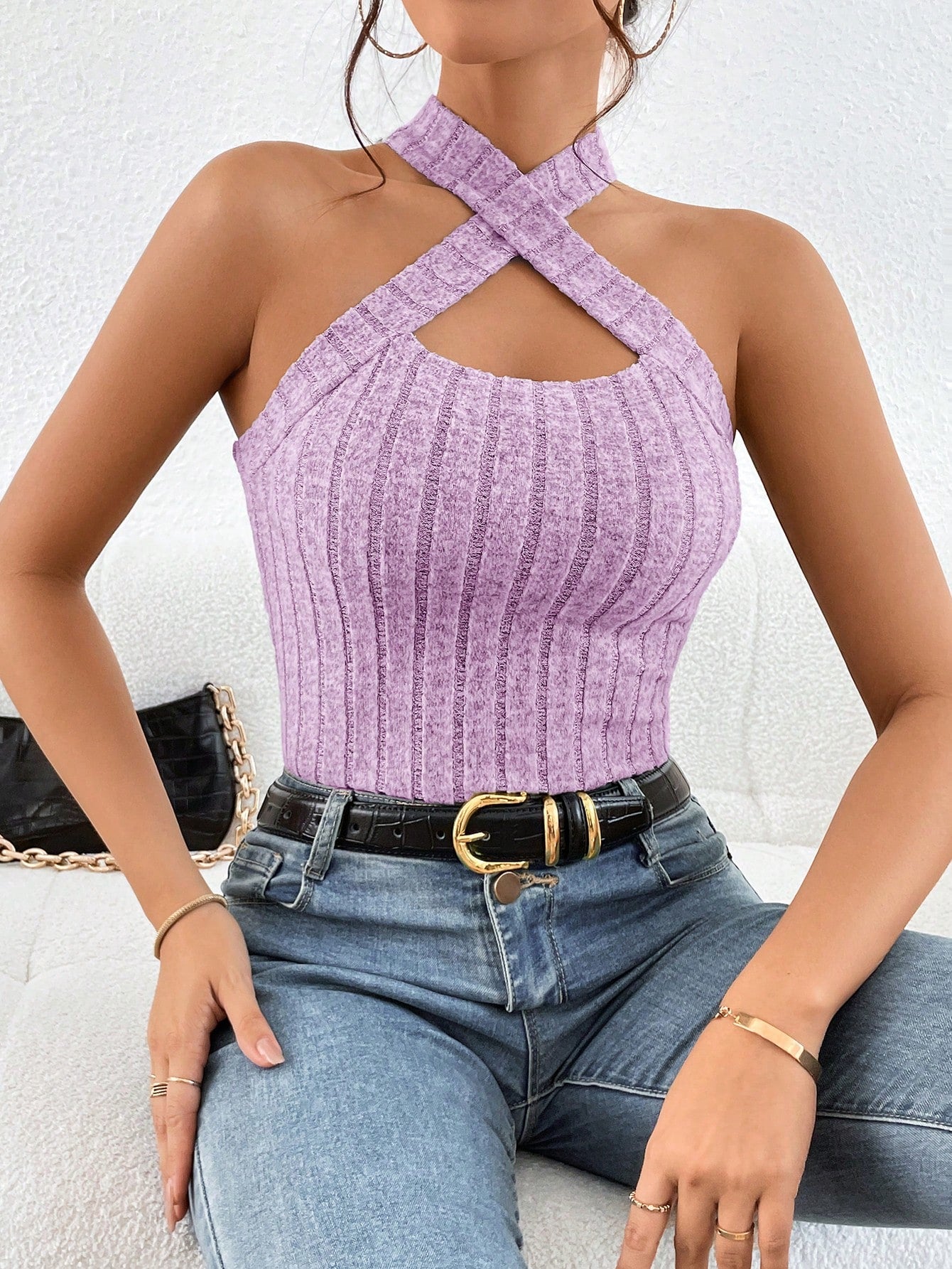 Crisscross Halter Neck Ribbed Knit Top