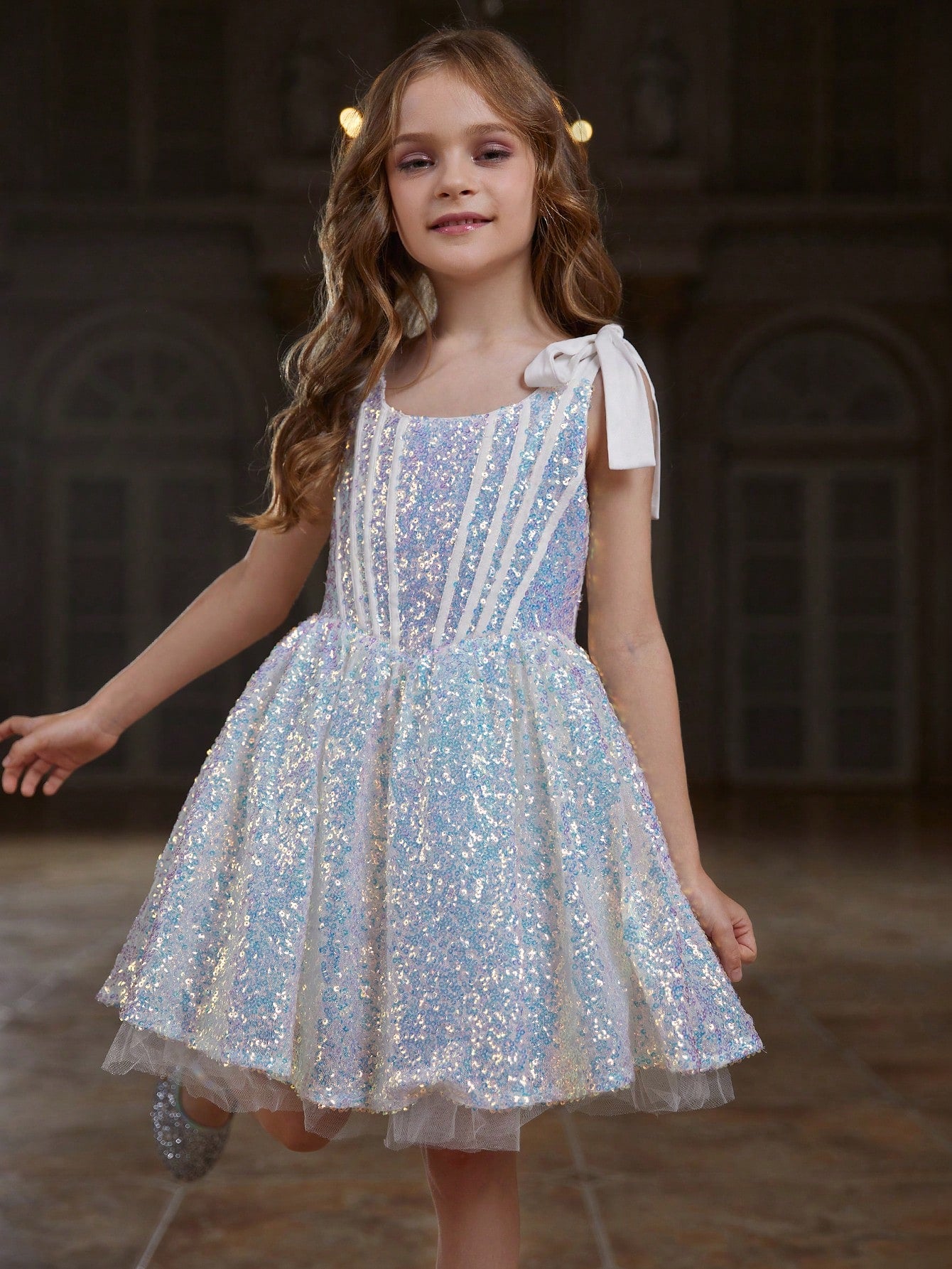 Tween Girl Sleeveless Shoulder Strap Sequin Party Midi Dress
