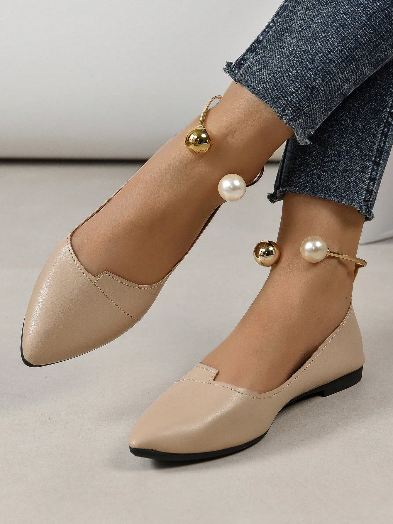 Faux Pearl Decor Point Toe Ballet Flats, Black Elegant Pearl Decor Solid Color Ankle Strap Women's Flat Shoes
