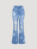 Tween Girl Sweet Floral Printed Distressed Slim Fit Jeans With Flared Hem, All-Season