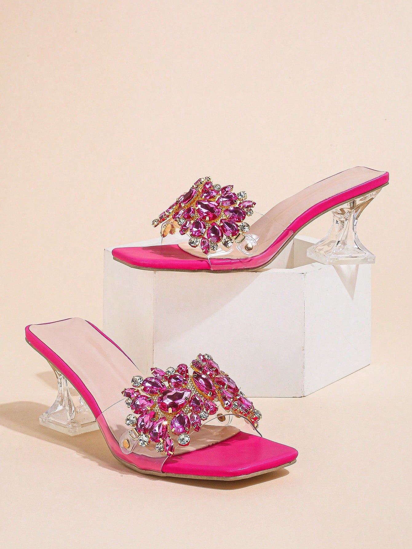 Rhinestone Decor Sculptural Heeled Mule Sandals, Purple Party Diamond & Gems Decoration Solid Color Mule Heels