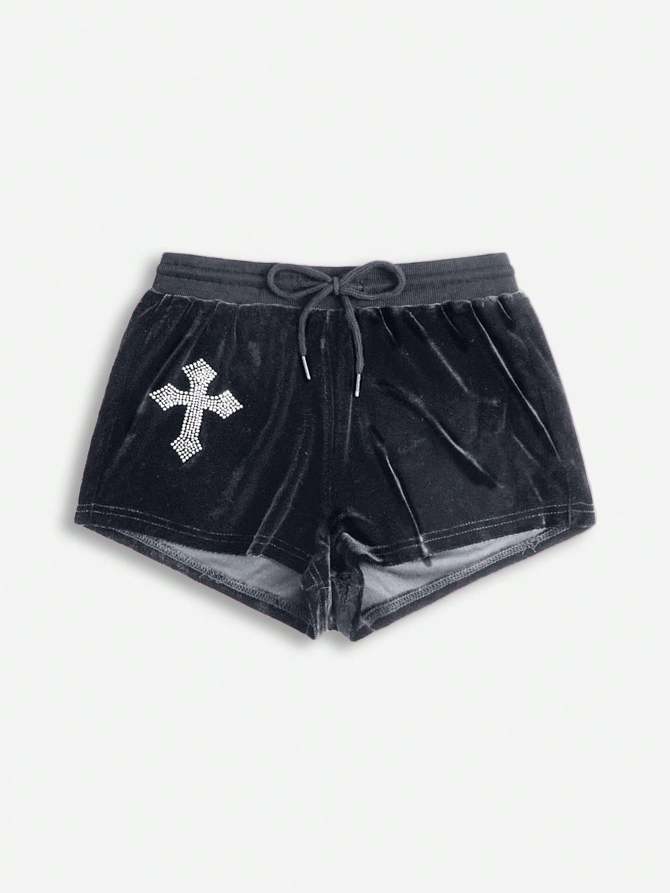 Punk Cross Rhinestone Drawstring Waist Velvet Shorts